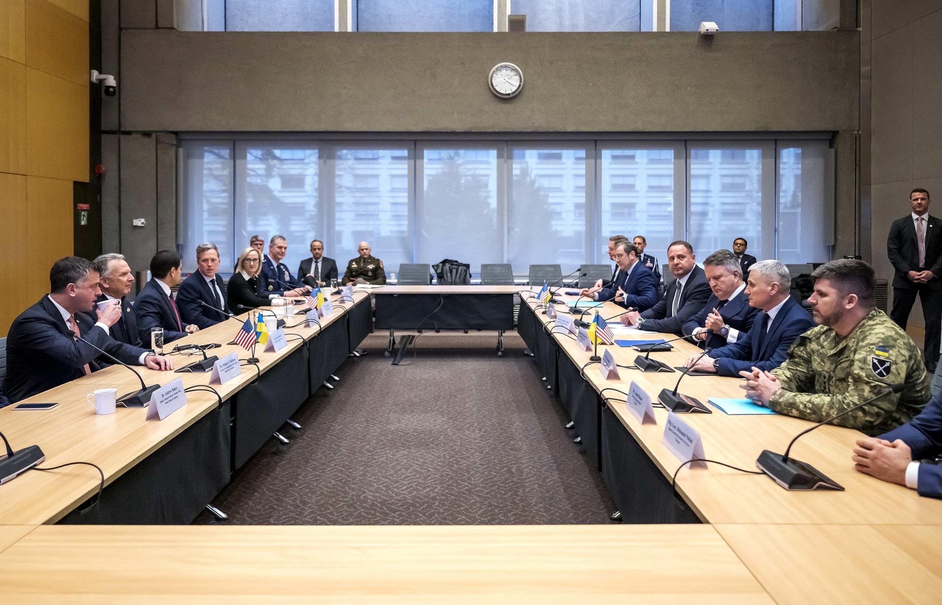 U.S. and Ukrainian officials discuss a U.S. plan to end the war in Ukraine at the U.S. Mission in Geneva, on Nov. 23, 2025.