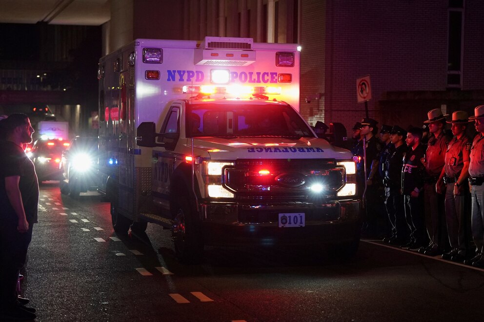 PHOTO: NYPD officers and other police officers wait for the ambulance transfer of slain NYPD officer Didarul Islam in New York City, U.S., July 29, 2025. 