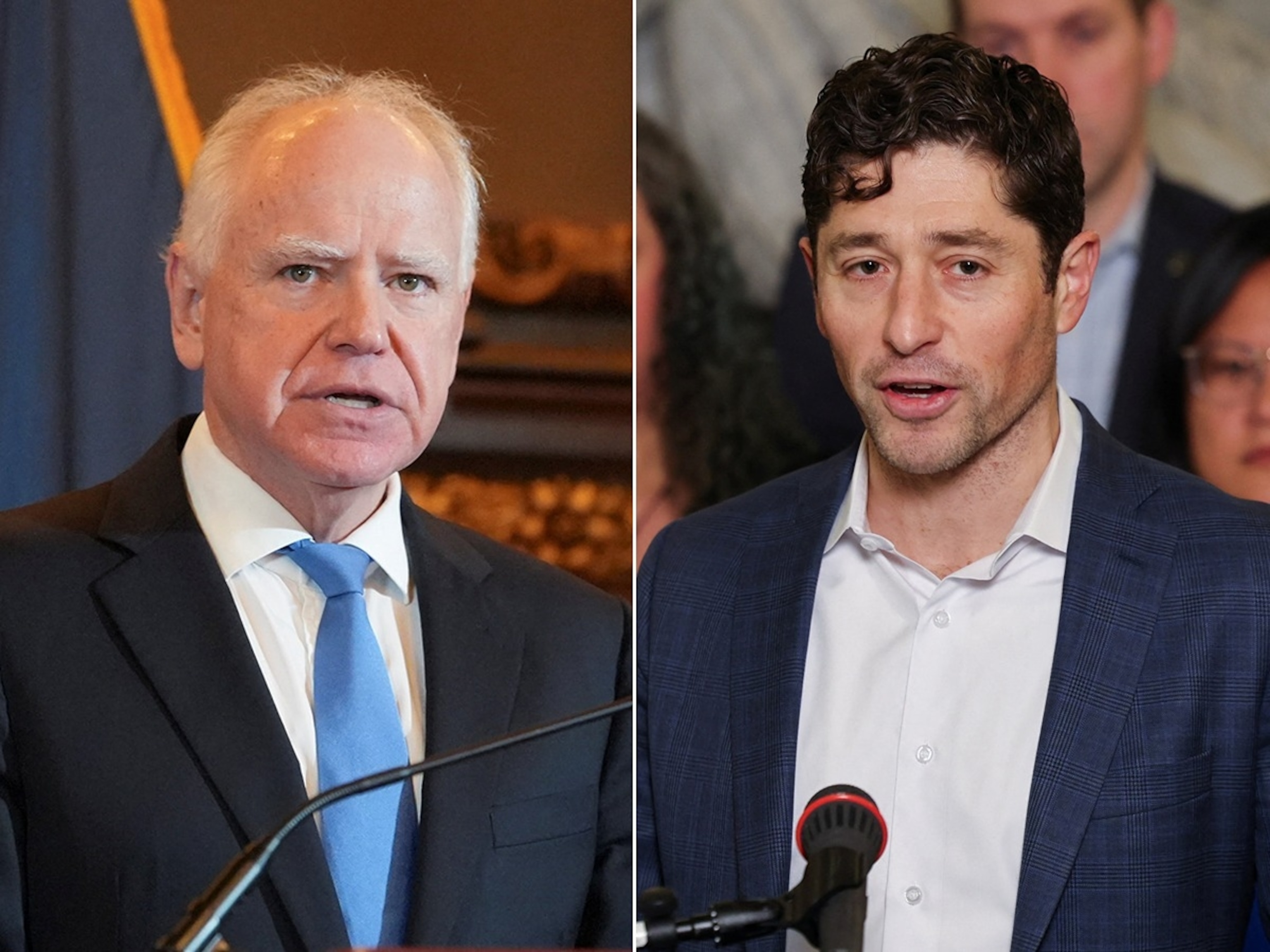 PHOTO: Minnesota Governor Tim Walz speaks to reporters at the Minnesota State Capitol in St. Paul, Minn. Jan. 5, 2026. Minneapolis Mayor Jacob Frey speaks during a press conference in Minneapolis, Jan. 9, 2026. 