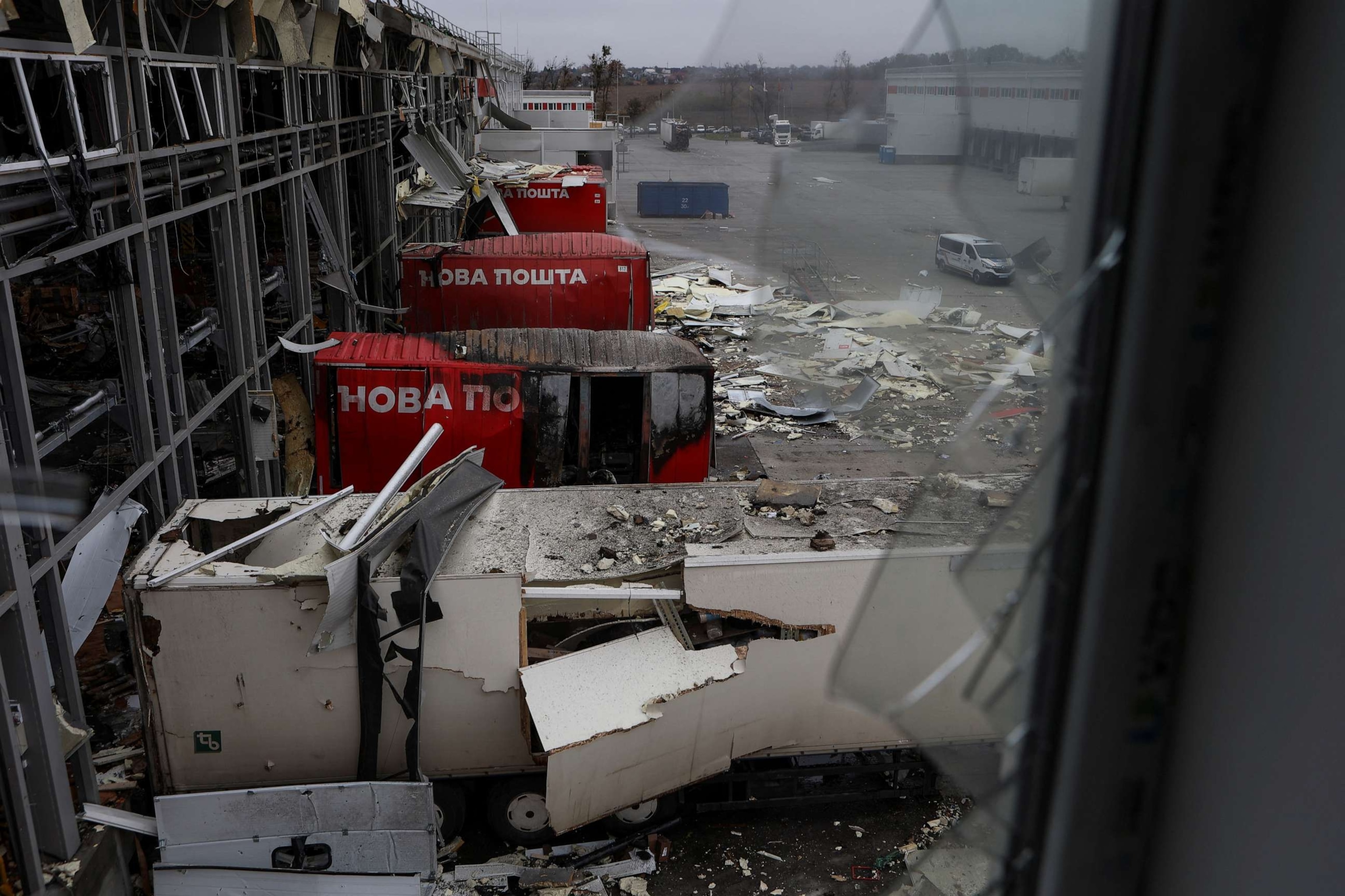 PHOTO: A view shows a postal distribution centre of Nova Post company hit by Russian missiles, amid Russia's attack on Ukraine, in the village of Korotych, outside of Kharkiv, Ukraine Oct. 22, 2023.