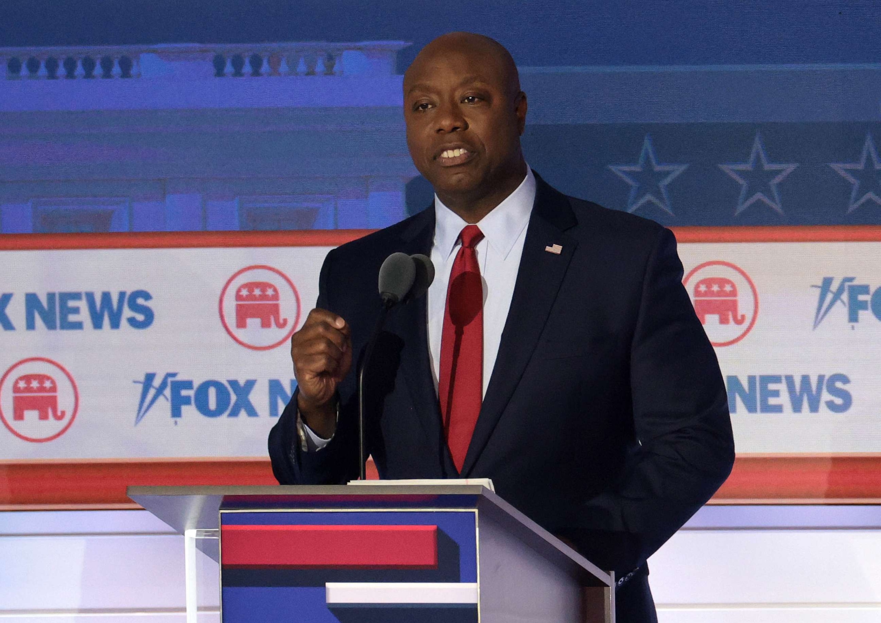 PHOTO: FILE - Republican presidential candidate, Sen. Tim Scott speaks during the first debate of the GOP primary season hosted by FOX News at the Fiserv Forum, Aug. 23, 2023 in Milwaukee.