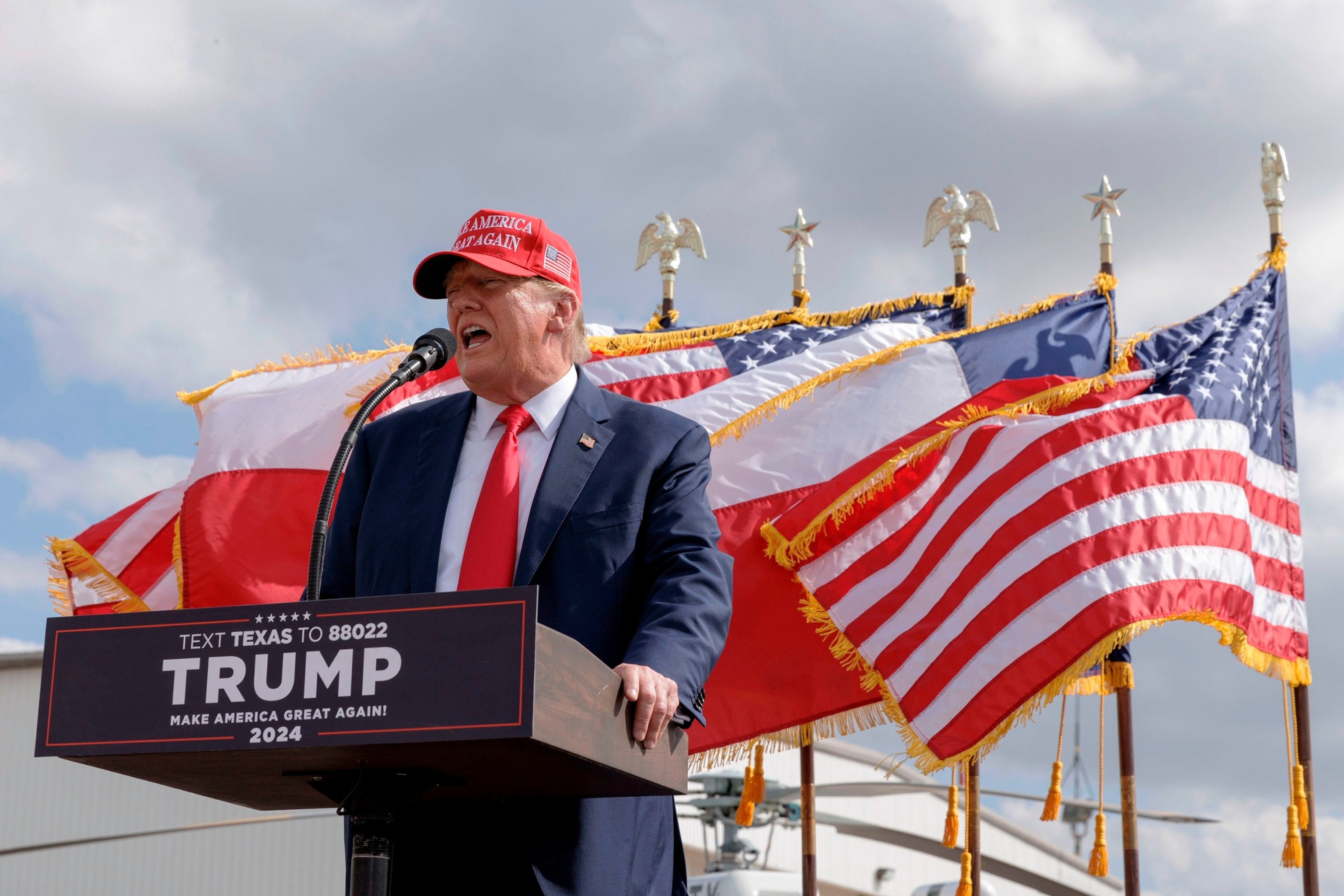 PHOTO: Former President Donald Trump gives remarks at the South Texas International airport, on Nov. 19, 2023, in Edinburg, Texas. 