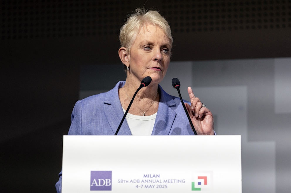 PHOTO: In this May 7, 2025, file photo, Cindy McCain, executive director of the United Nations World Food Programme (WFP), delivers a speech while attending a panel during the Asian Development Bank's 58th Annual Meeting in Milan, Italy.