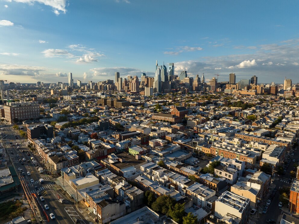 PHOTO: Aerial still image shows the skyline Philadelphia, Pennsylvania, where federal prosecutors announced, Aug. 26, 2025, an arrest in a cold-case mob-style hit that occurred in 1999. 