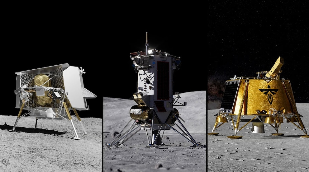 PHOTO: Three artist renderings depict commercial lunar landers from Astrobotic, Intuitive Machines and Firefly on the moon.