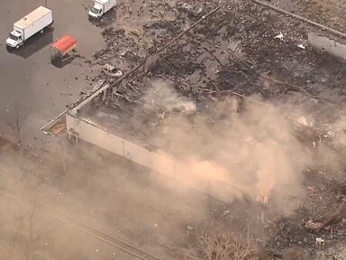 The aftermath of an explosion that ocurred March 4, 2024, is seen on from an aerial view in Clinton Township, Mich., March 5, 2024. 