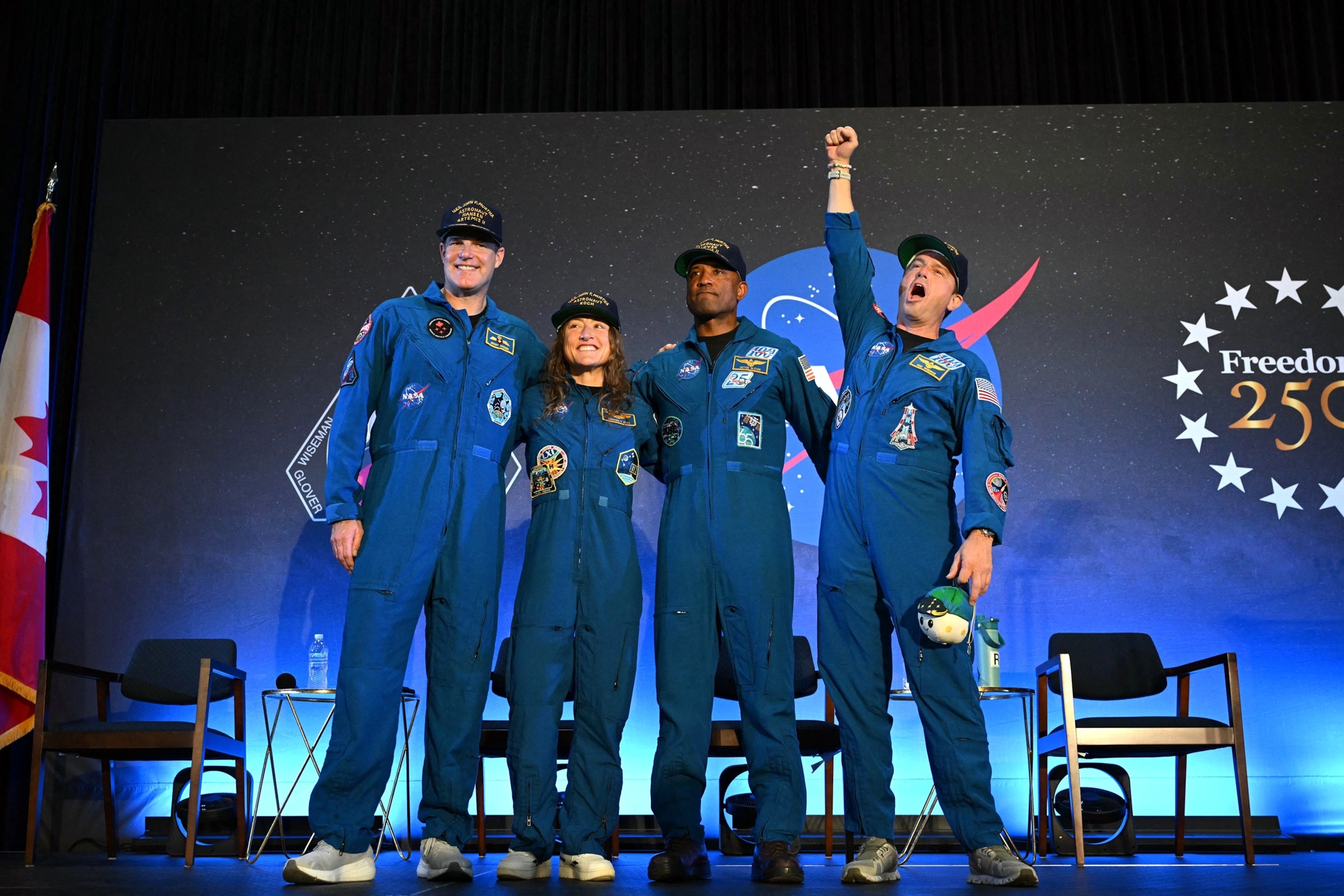 PHOTO: (L-R) NASA's Artemis II mission astronauts Canadian Space Agency's Jeremy Hansen, mission specialist Christina Koch, pilot Victor Glover and commander Reid Wiseman attend a welcoming ceremony in Houston, Texas, on April 11, 2026. 
