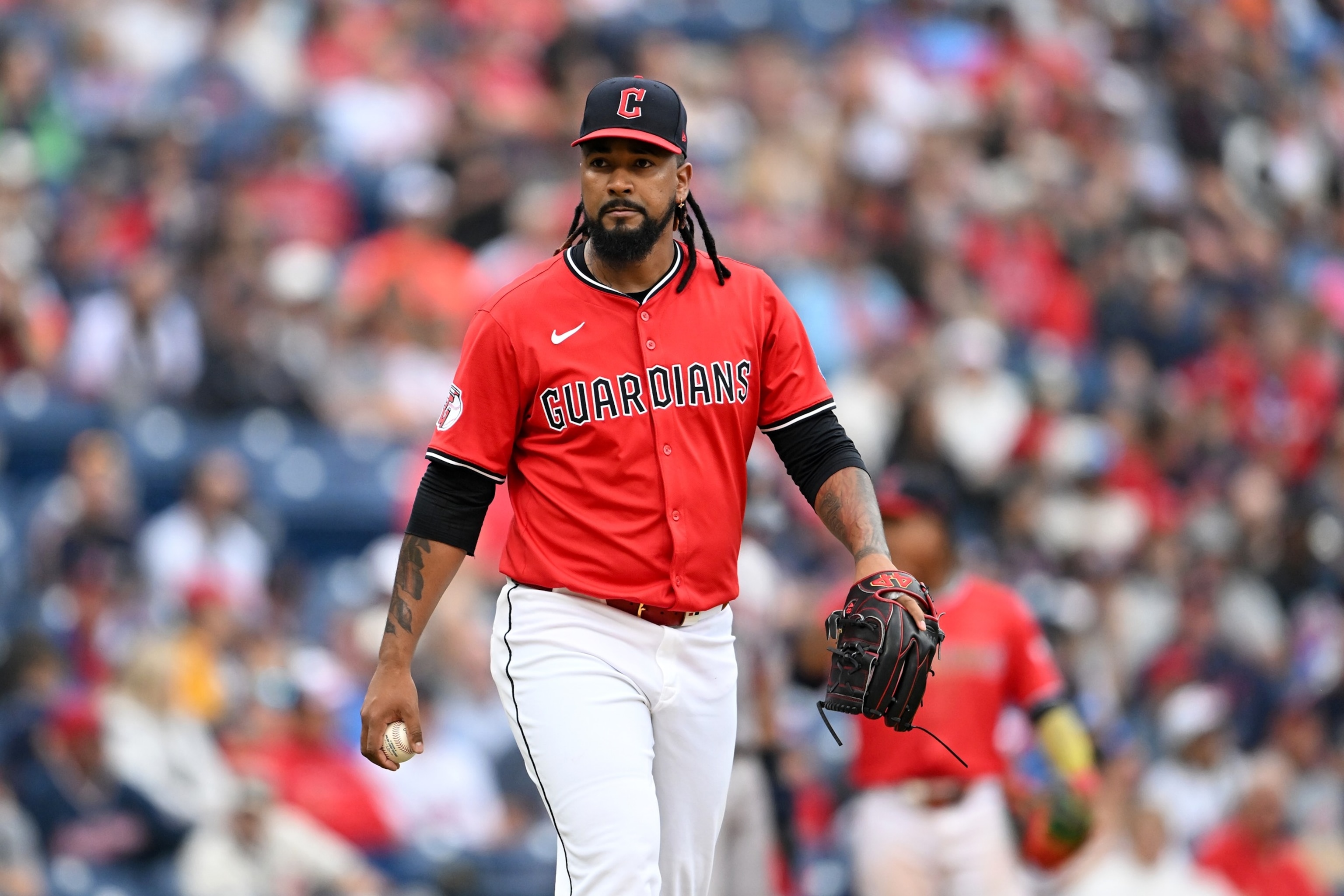 PHOTO: Emmanuel Clase #48 of the Cleveland Guardians looks on during the ninth inning against the Houston Astros at Progressive Field on June 08, 2025 in Cleveland, Ohio.