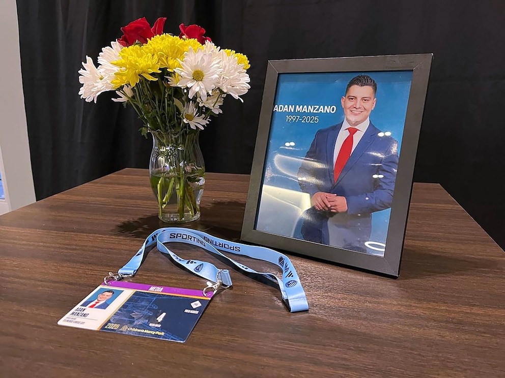 PHOTO: In this Feb. 14, 2025, file photo, a small memorial was set up at the Sporting Kansas City media day for Adan Manzano, a Kansas City, Missouri, sports reporter who died in New Orleans while on assignment covering the Super Bowl.
