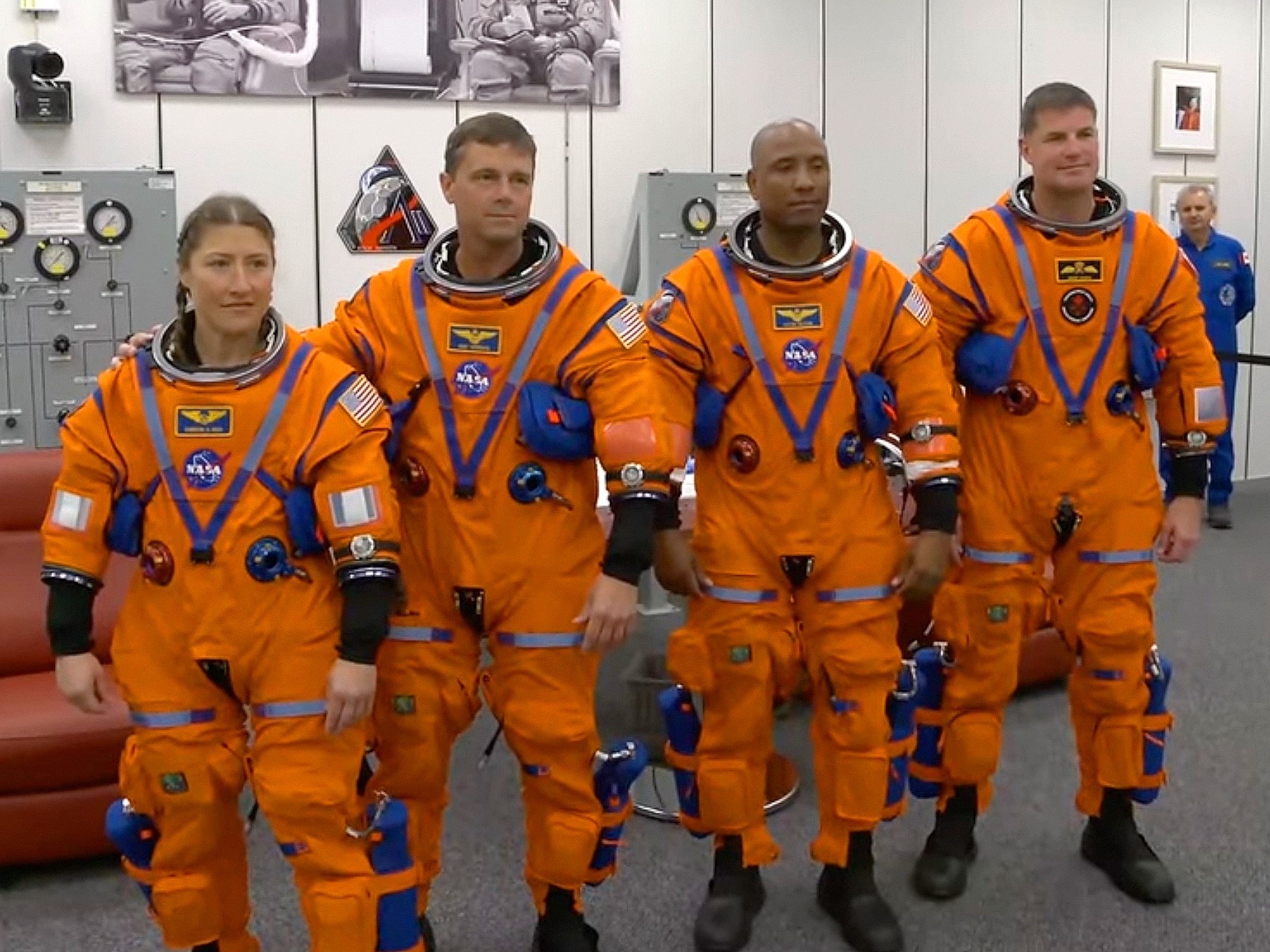 PHOTO: NASA astronauts Christina Koch, Reid Wiseman, Victor Glover and CSA astronaut Jeremy Hansen pose together before the launch of the Artemis II SLS rocket and Orion spacecraft, April 1, 2026 at the Kennedy Space Center in Florida.