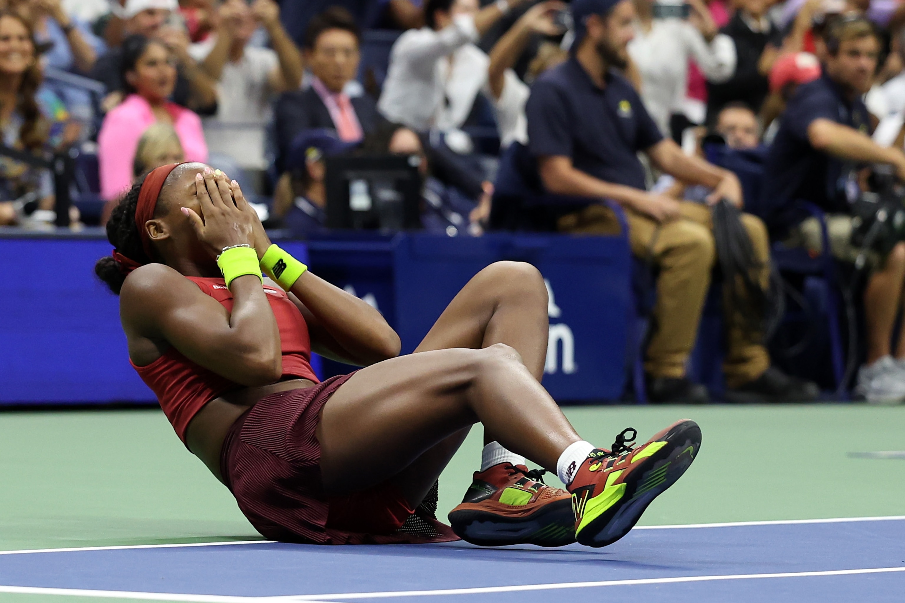 PHOTO: Coco Gauff of the United States reacts after defeating Aryna Sabalenka of Belarus in their Women's Singles Final match on Day Thirteen of the 2023 US Open on Sept. 9, 2023 in Queens, New York.