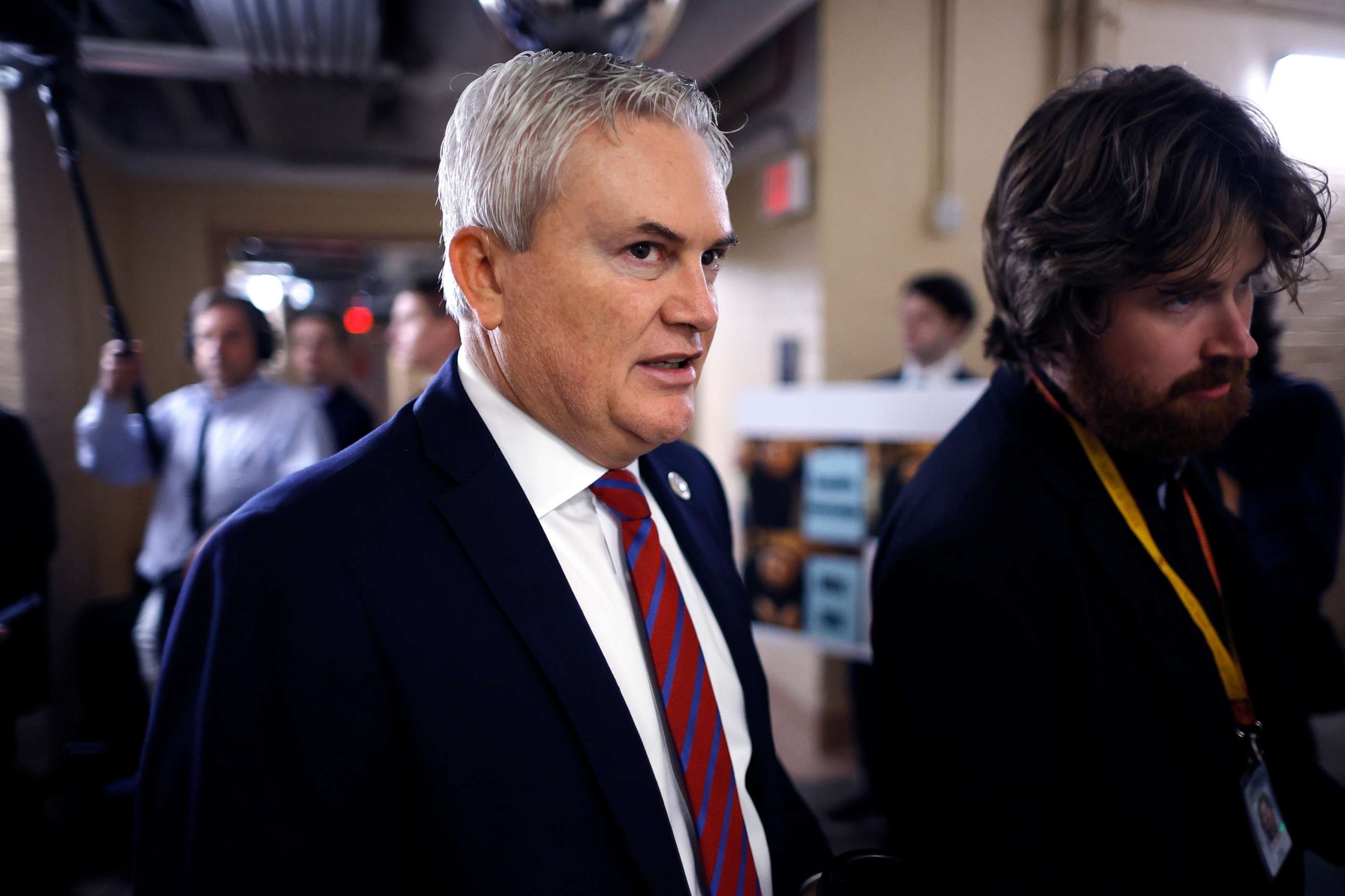 PHOTO: House Committee on Oversight and Accountability Chairman James Comer, R-Ky., arrives at the weekly meeting of the House Republican Conference in the basement of the U.S. Capitol on Nov. 7, 2023, in Washington, DC.