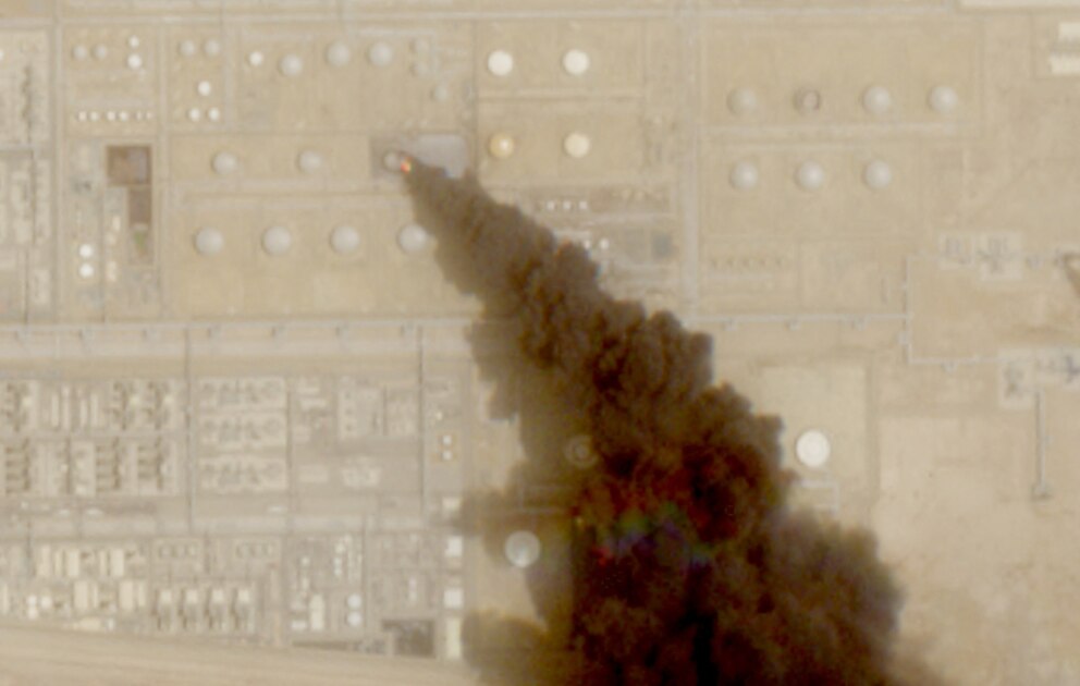 PHOTO: A satellite image shows trail of smoke rising from an oil facility, in Jizan