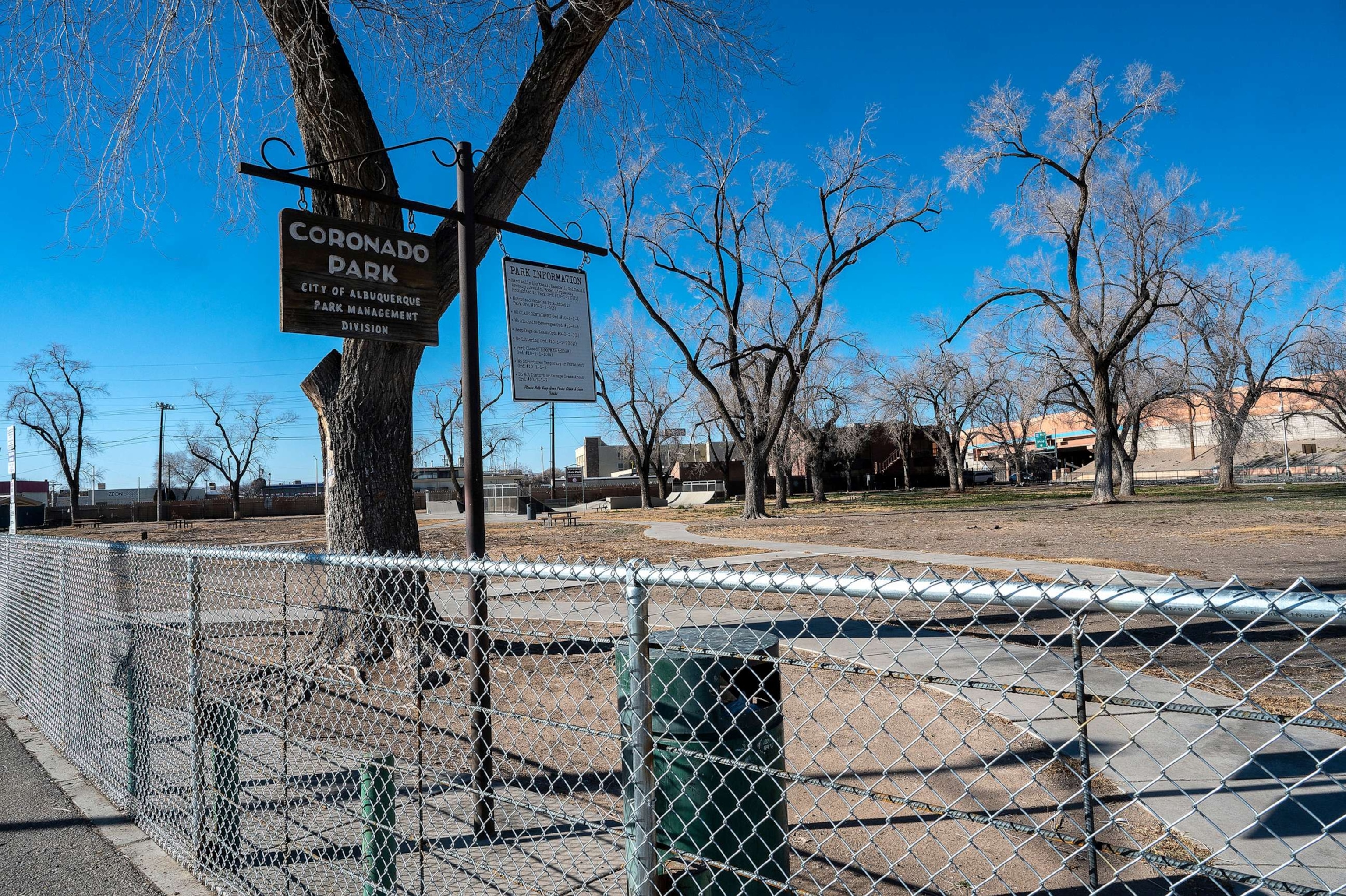 PHOTO: In this photo taken Dec. 19, 2022, Coronado Park in Albuquerque remains closed after the City moved all the homeless out of the park near Downtown Albuquerque last summer.