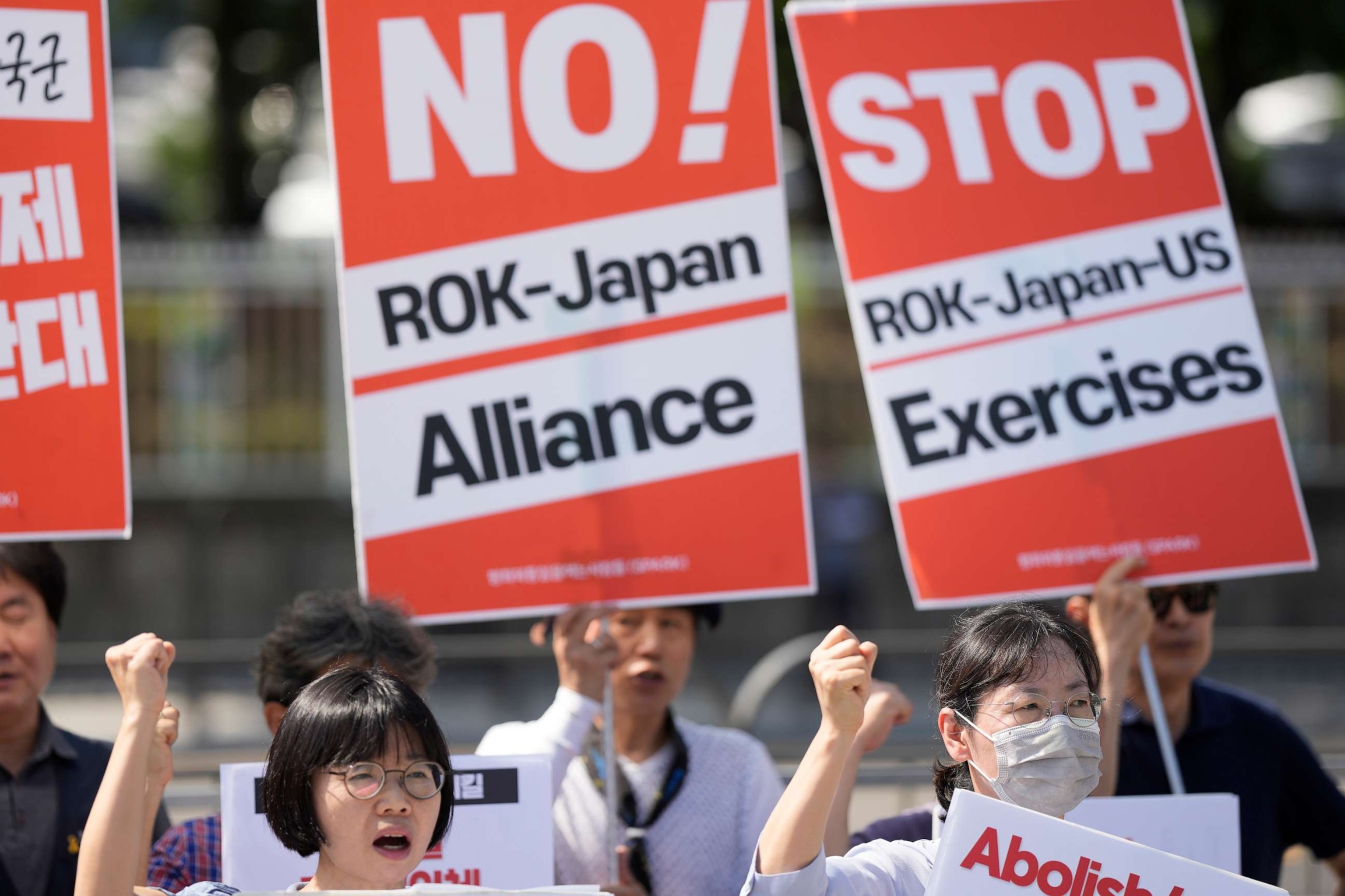 PHOTO: Protesters shout slogans during a rally in Seoul, South Korea, Thursday, Aug. 17, 2023, ahead of a trilateral summit between the U.S. President Joe Biden, South Korean President Yoon Suk Yeol and Japanese Prime Minister Fumio Kishida.