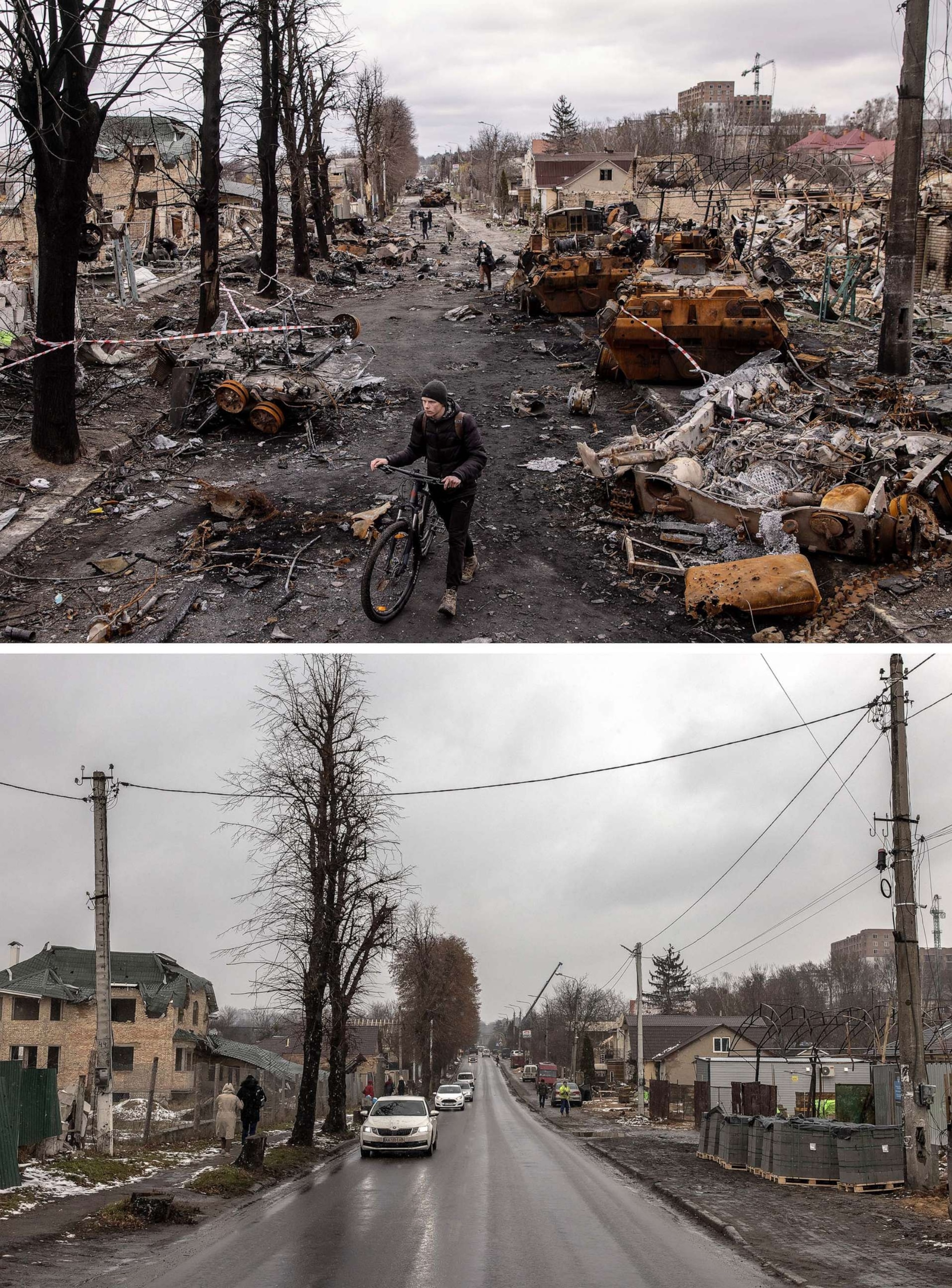 PHOTO: Top image shows a man pushing his bike through debris and destroyed Russian military vehicles on a street, April 06, 2022 in Bucha, Ukraine. And bottom image shows Cars drive on Vokzal'na Street, Feb. 1, 2023 in Bucha, Ukraine.