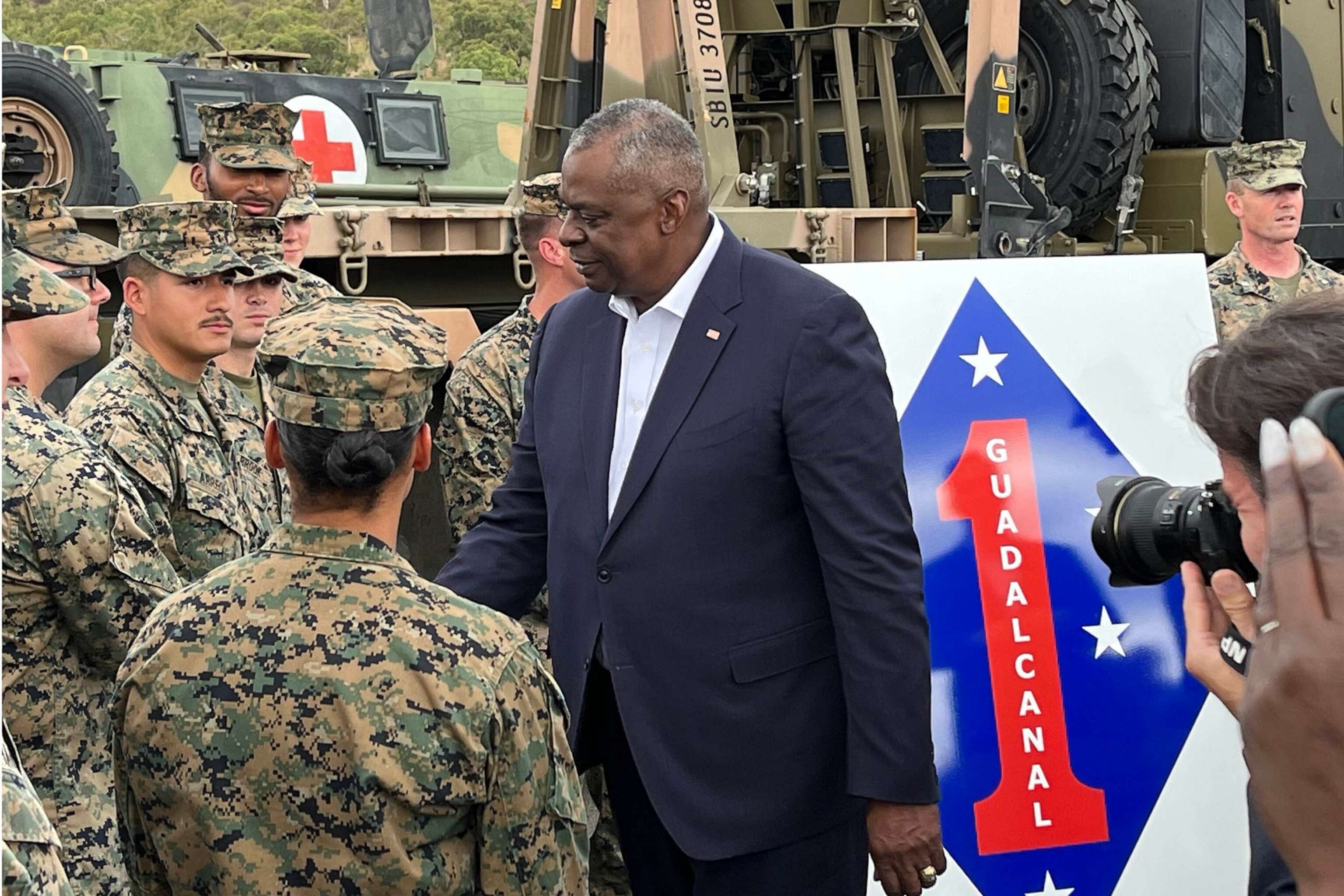 PHOTO: Defense Secretary Lloyd Austin greets U.S.Marines from Camp Pendleton, California who are participating in the Talisman Sabre exercise. Austin and Australia’s Deputy Prime Minister Richard Marles visited Lavarack Barracks in Townsville, Australi