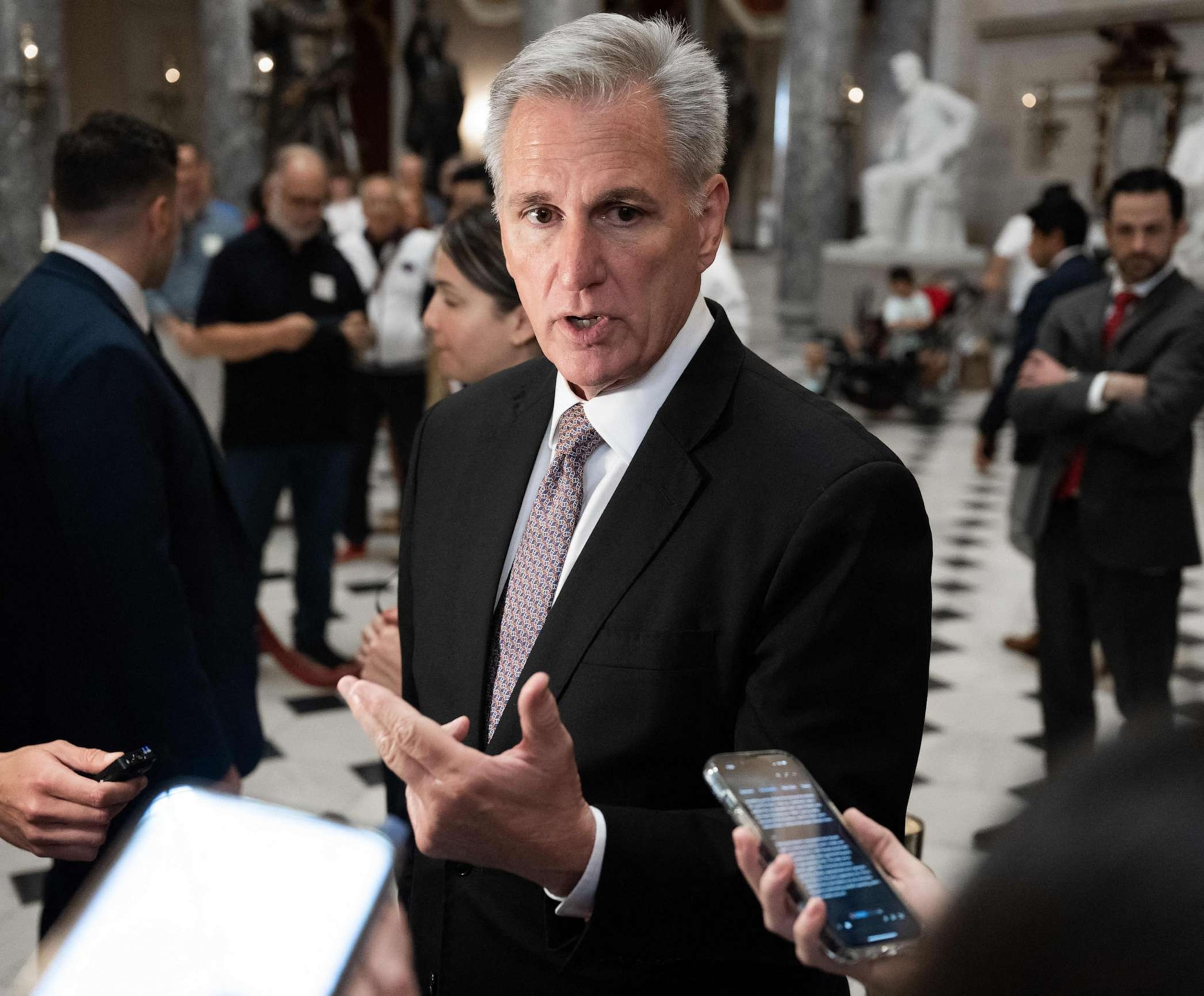 PHOTO: U.S. House Speaker Kevin McCarthy speaks to members of the media in Statuary Hall at the U.S. Capitol, Oct. 2, 2023, in Washington.