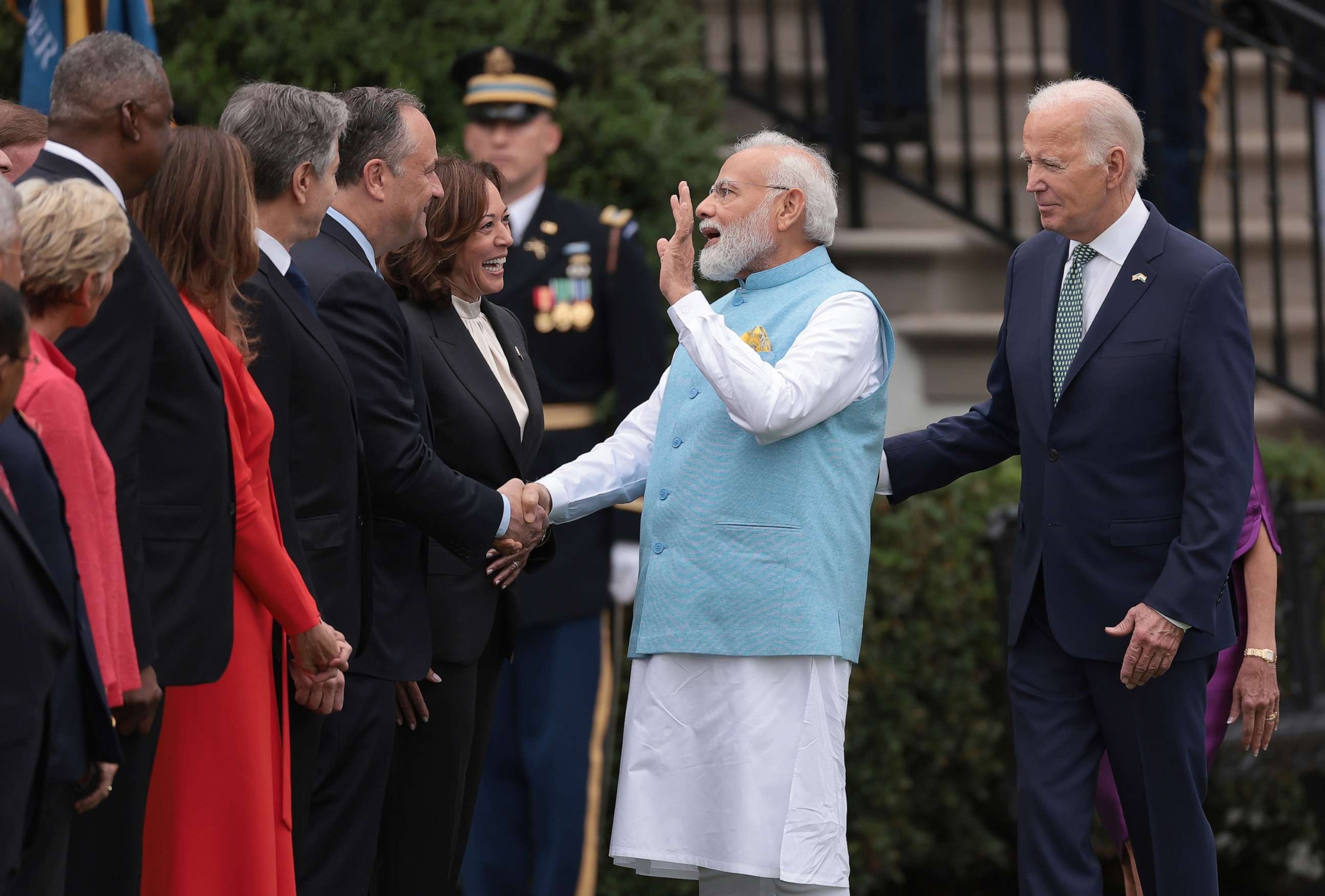 PHOTO: President Joe Biden stands with Indian Prime Minister Narendra Modi as he greets Vice President Kamala Harris and her husband Doug Emhoff during an arrival ceremony at the White House, June 22, 2023, in Washington, D.C.