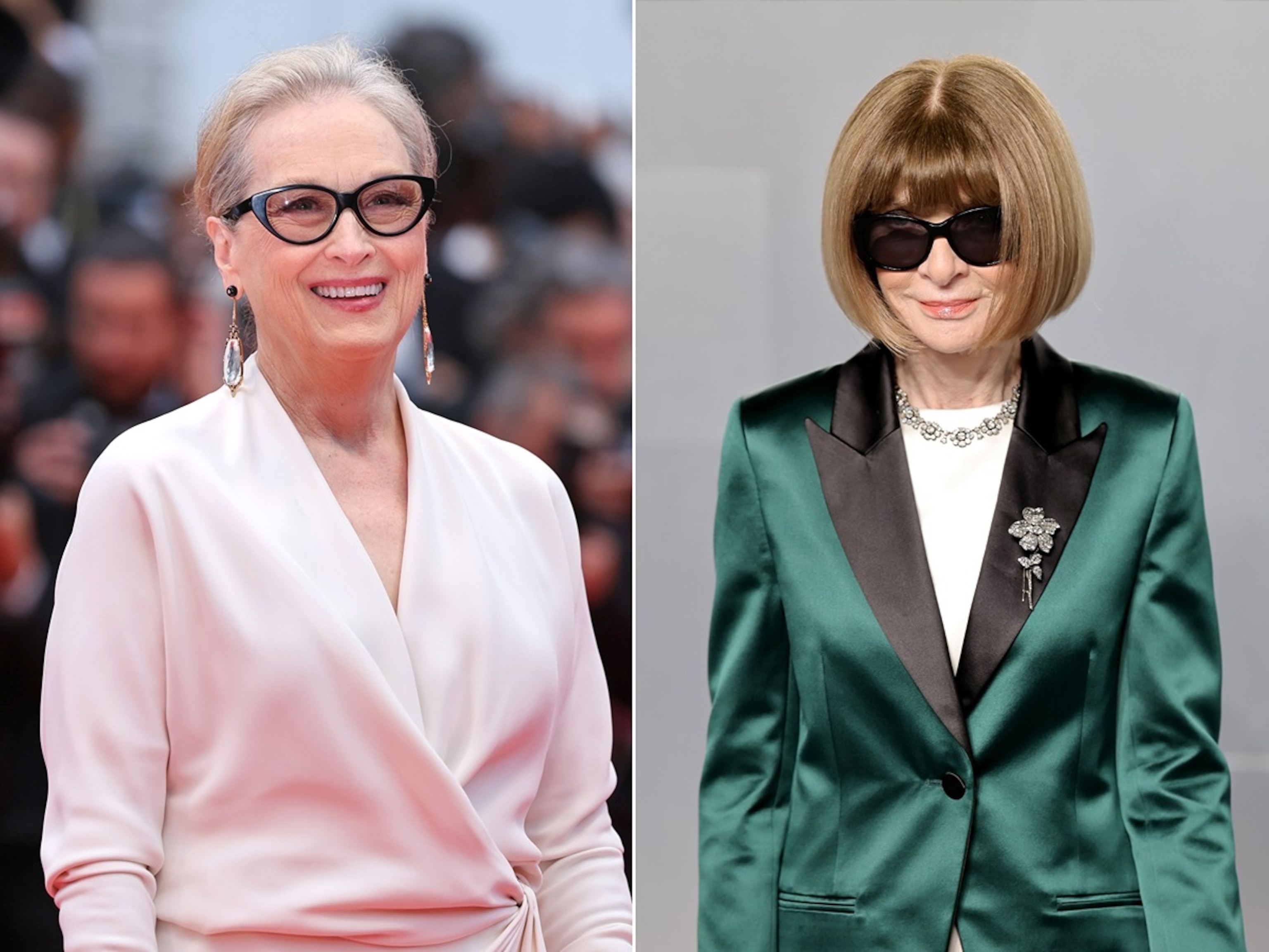 PHOTO: Meryl Streep attends "Le Deuxième Acte" ("The Second Act")red carpet at the Cannes Film Festival, May 14, 2024, in Cannes, France.  Anna Wintour attends the 2026 Vanity Fair Oscar Party, March 15, 2026, in Los Angeles.