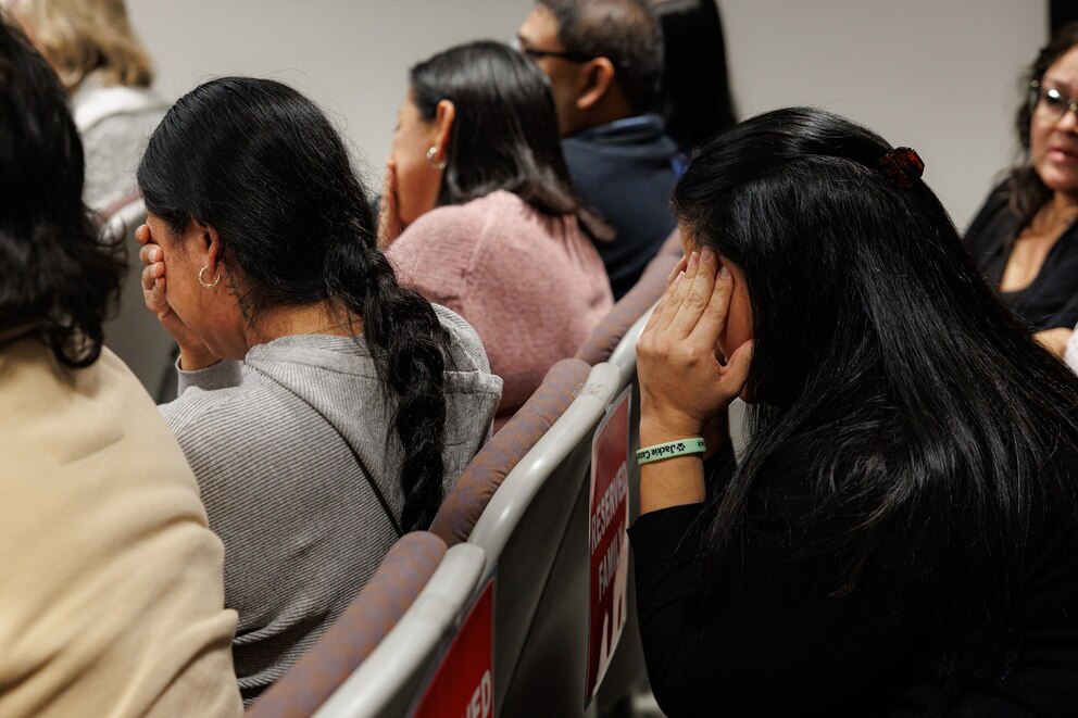 PHOTO: Family members of the victims of the Robb Elementary mass shooting react as they listen to testimony during a trial for former Uvalde school district police officer Adrian Gonzales in Corpus Christi, Texas, Jan. 13, 2026.