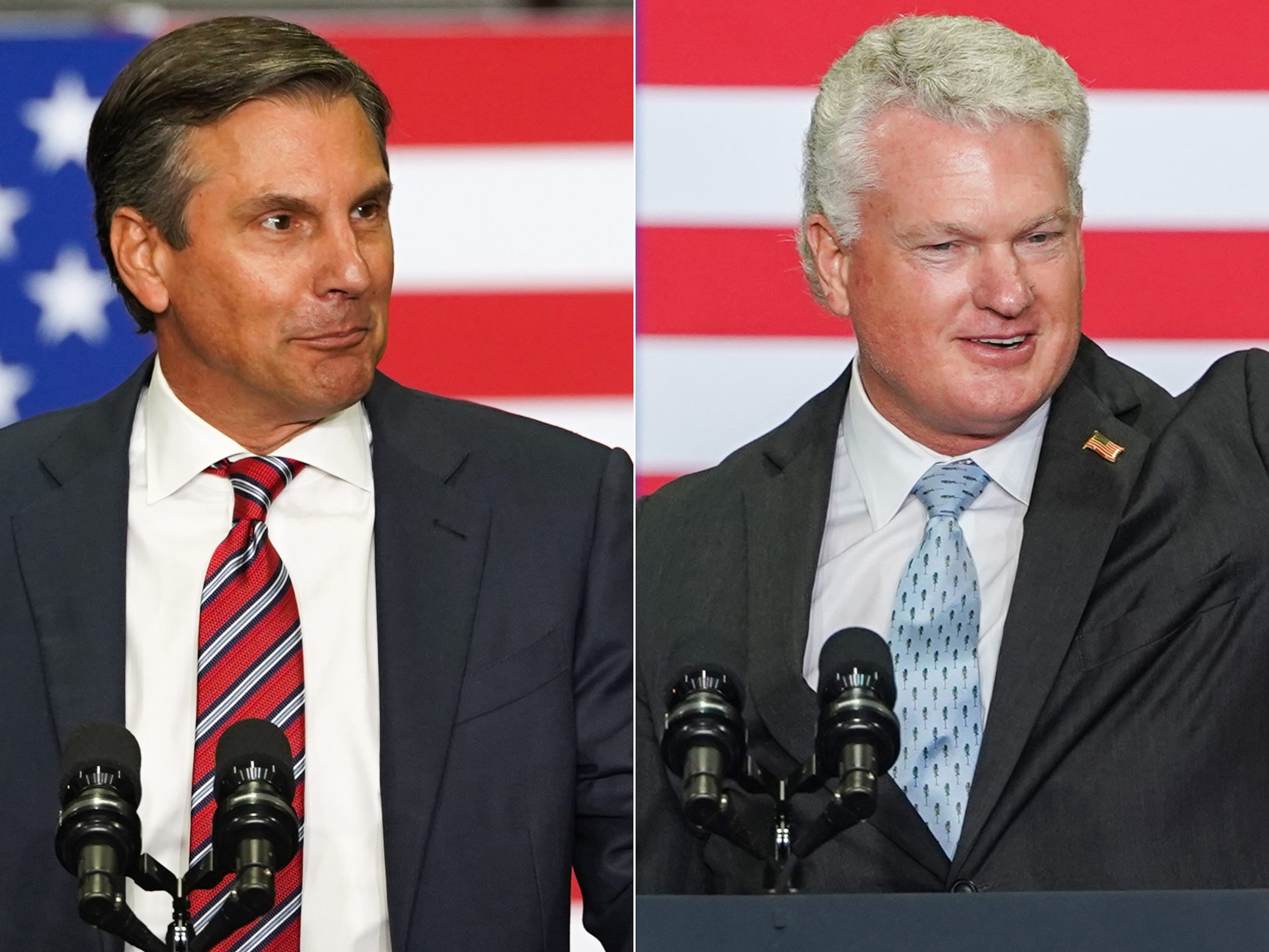 PHOTO: Derek Dooley speaks at an event on Aug. 21, 2025, in Peachtree City, Georgia. |  Rep. Mike Collins speaks at an event on Aug. 21, 2025, in Peachtree City, Georgia.