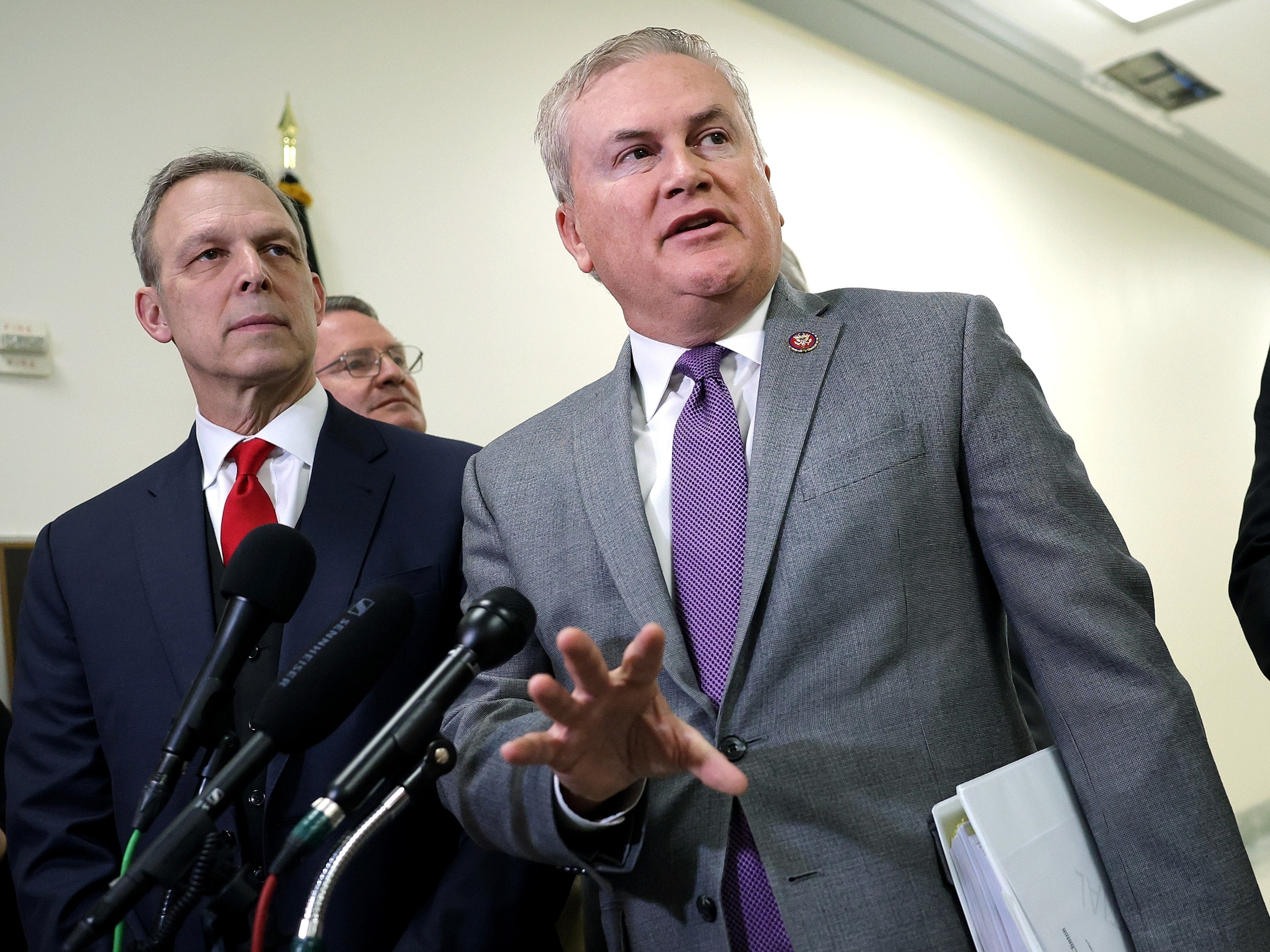 PHOTO: House Oversight and Government Reform Committee Chairman James Comer speaks to reporters after former Secretary of State Hillary Clinton failed to appear for a closed-door deposition, on Capitol Hill on Jan. 14, 2026, in Washington, D.C. 
