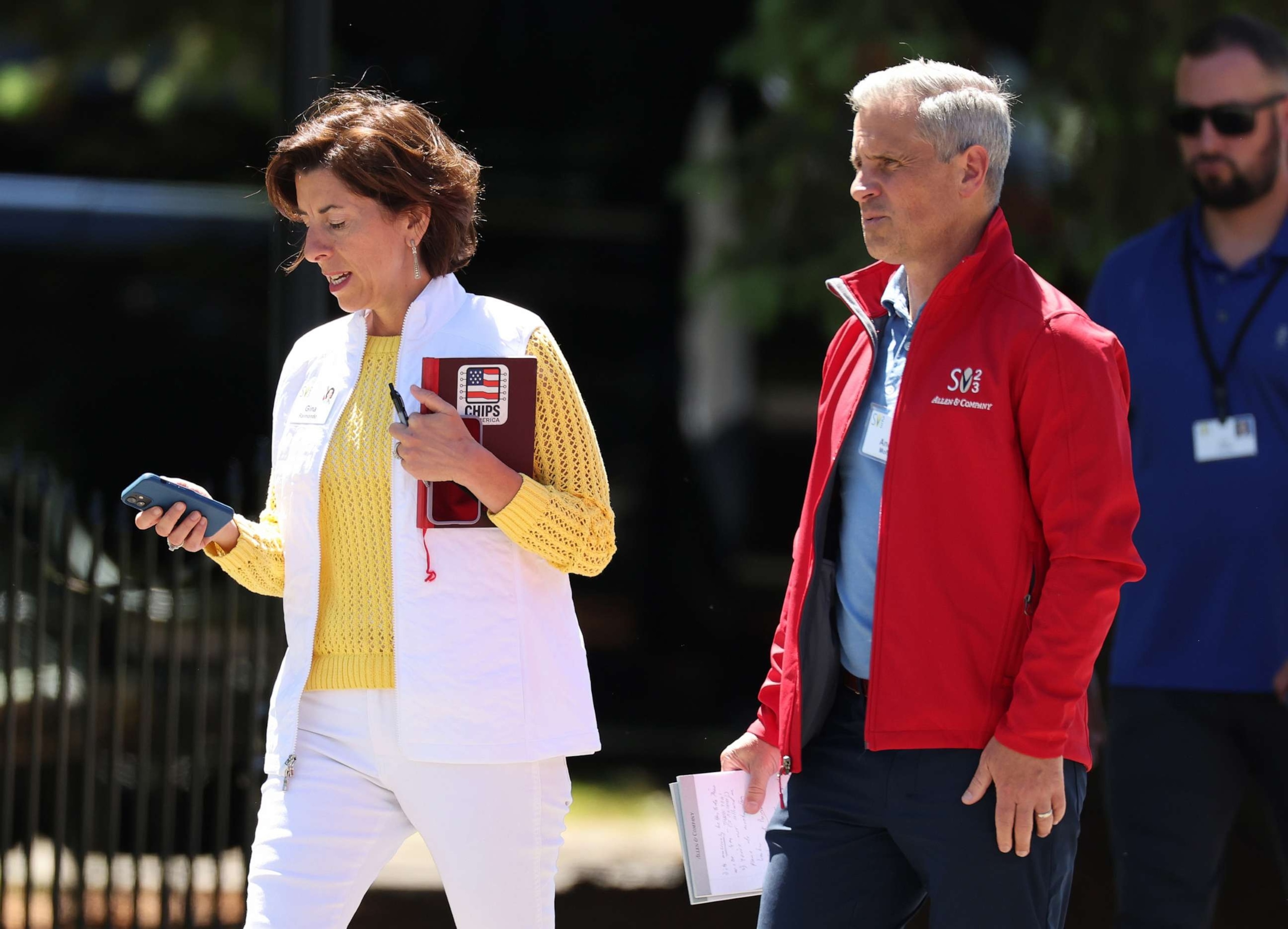 PHOTO: U.S. Commerce Secretary Gina Raimondo and her husband Andrew Moffit leave a morning session at the Allen & Company Sun Valley Conference, July 12, 2023, in Sun Valley, Idaho.