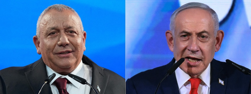 PHOTO: This combination of pictures created on Oct. 28, 2026, shows Yashar party leader Gadi Eisenkot (L) addressing supporters at a rally in Tel Aviv and Prime Minister Benjamin Netanyahu addressing his supporters at an election night rally in Jerusalem.