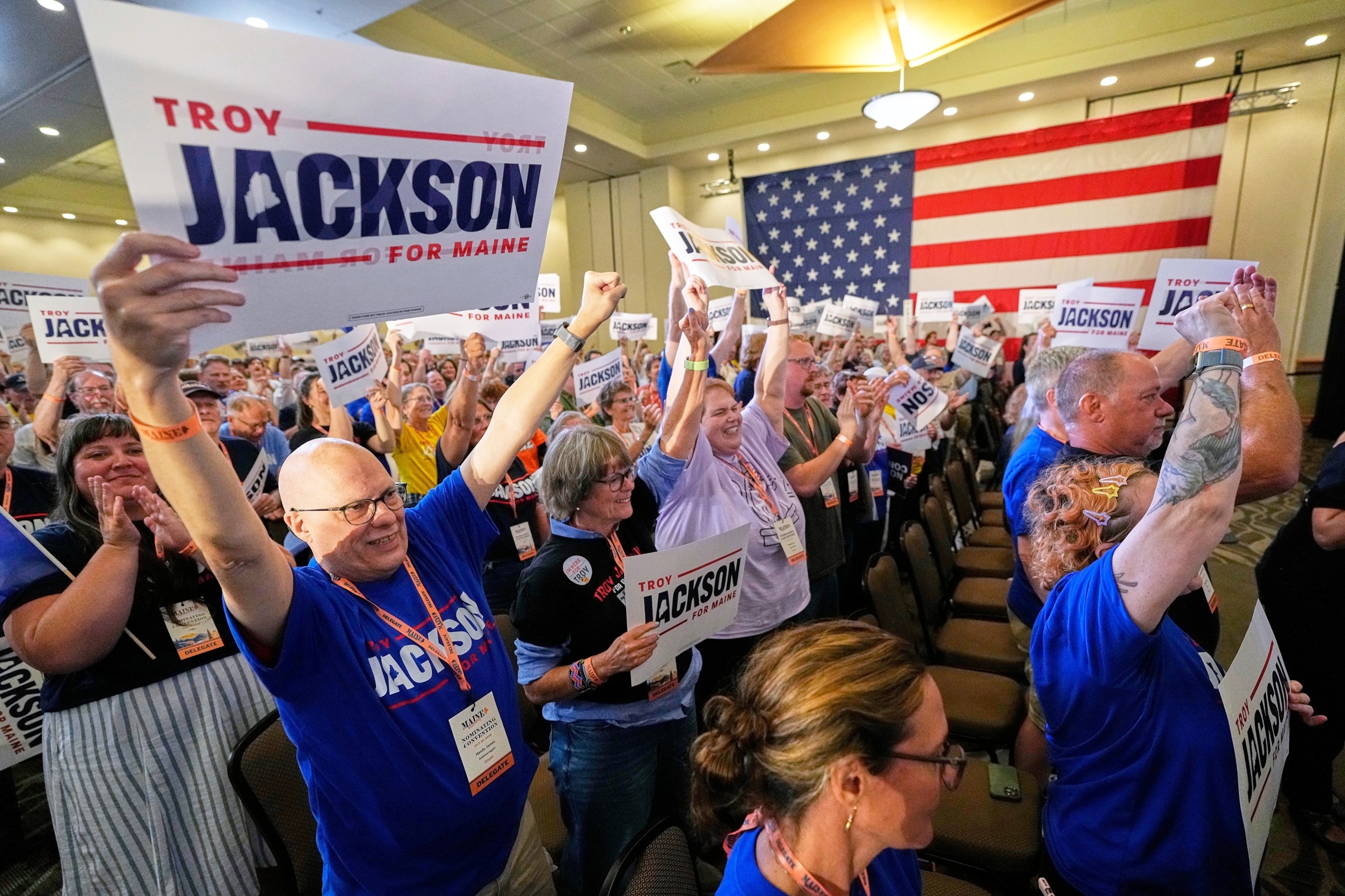 PHOTO: Delegates cheer for Troy Jackson, Democratic candidate for U.S. Senate, at the Maine Democratic Nominating Convention,  on July 25, 2026, in Bangor, Maine. 