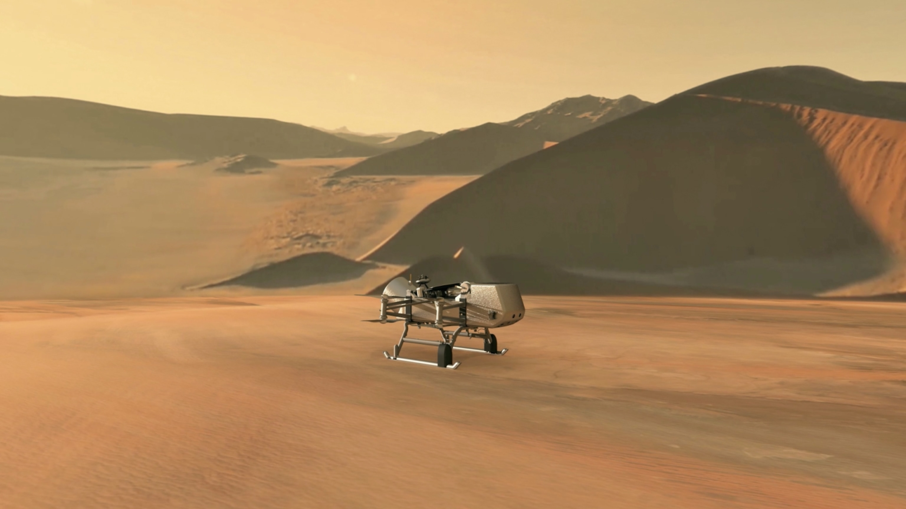 PHOTO: This illustration shows NASA’s Dragonfly rotorcraft-lander approaching a site on Saturn’s exotic moon, Titan.