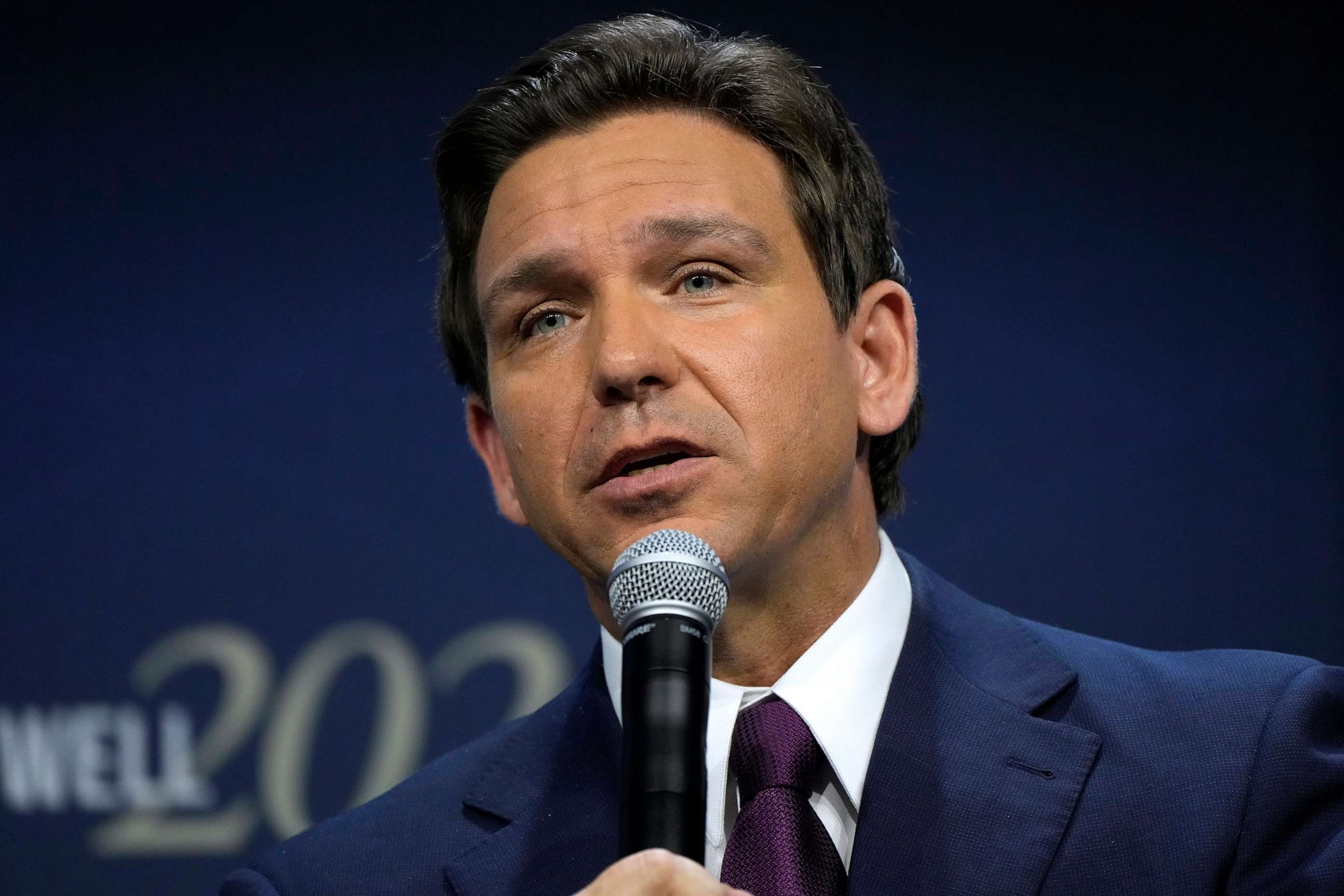 PHOTO: Republican presidential candidate Florida Gov. Ron DeSantis speaks during the Family Leadership Summit, July 14, 2023, in Des Moines, Iowa.