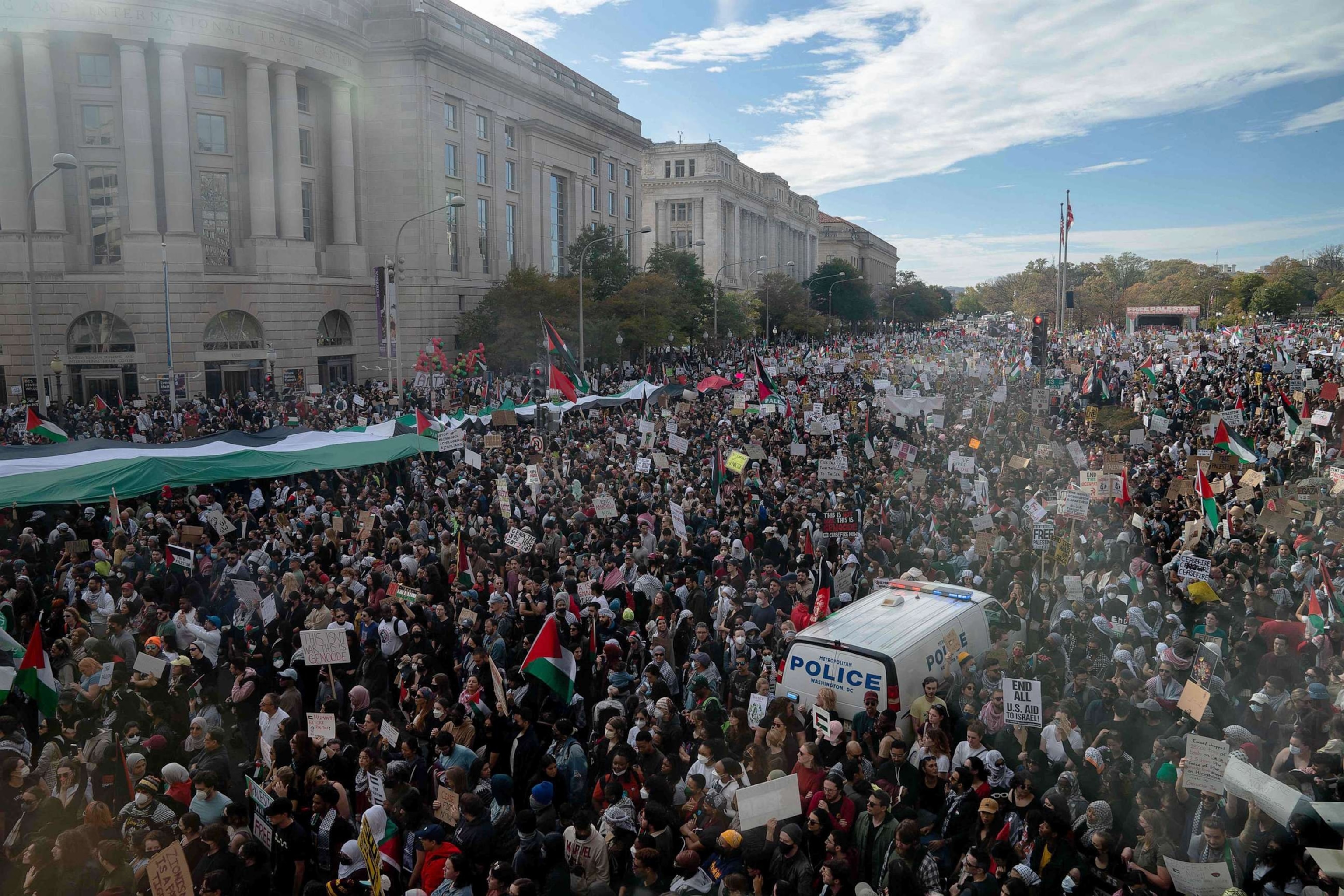 PHOTO: Demonstrators gather in Freedom Plaza during a rally in support of Palestinians in Washington, D.C., on Nov. 4, 2023.