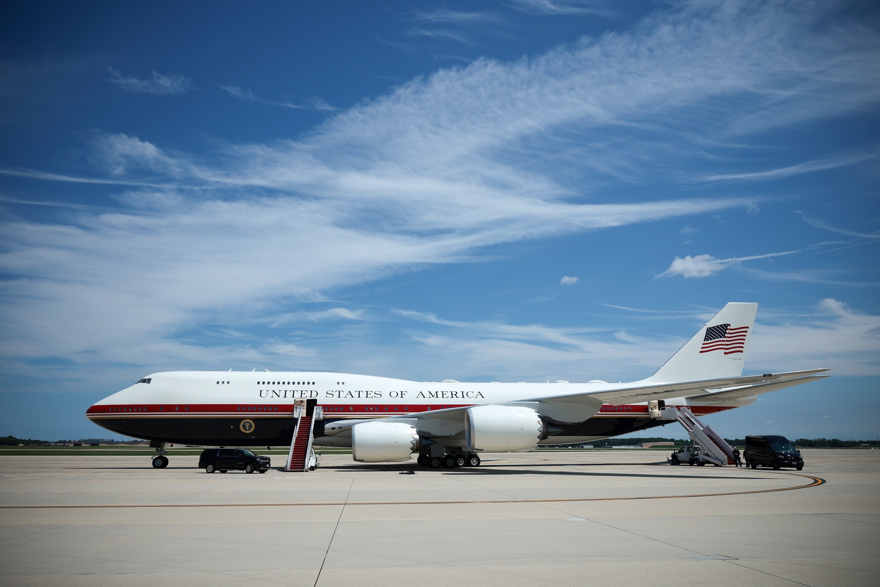PHOTO: VC-25B Bridge stands ready on the tarmac on August 04, 2026 in Joint Base Andrews, Maryland. U.S. President Donald Trump is traveling to Los Angeles to attend a fund raising event and onto Las Vegas for a rally on Wednesday.