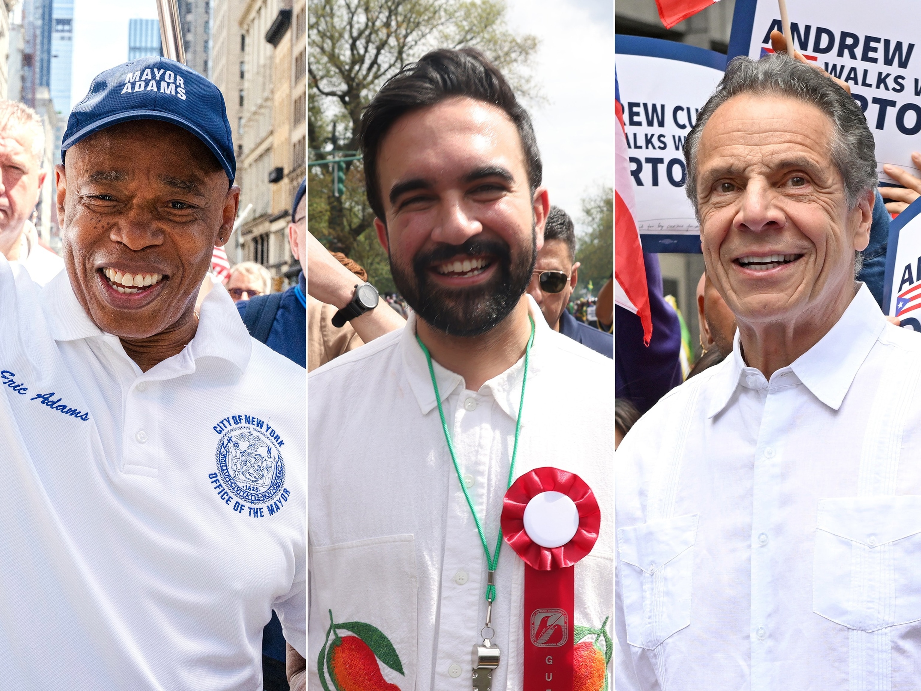 FOTOĞRAF: Belediye Başkanı Eric Adams, 29 Haziran 2025'te 2025 NYC Onur Yürüyüşü'ne katılıyor. | Zohran Mamdani, 1 Eylül 2025'te 2025 NYC Batı Hint Adaları Günü Geçit Töreni'ne katılıyor. | Andrew Cuomo, 8 Haziran 2025'te 2025 Ulusal Porto Riko Günü Geçit Töreni'nde görülüyor.