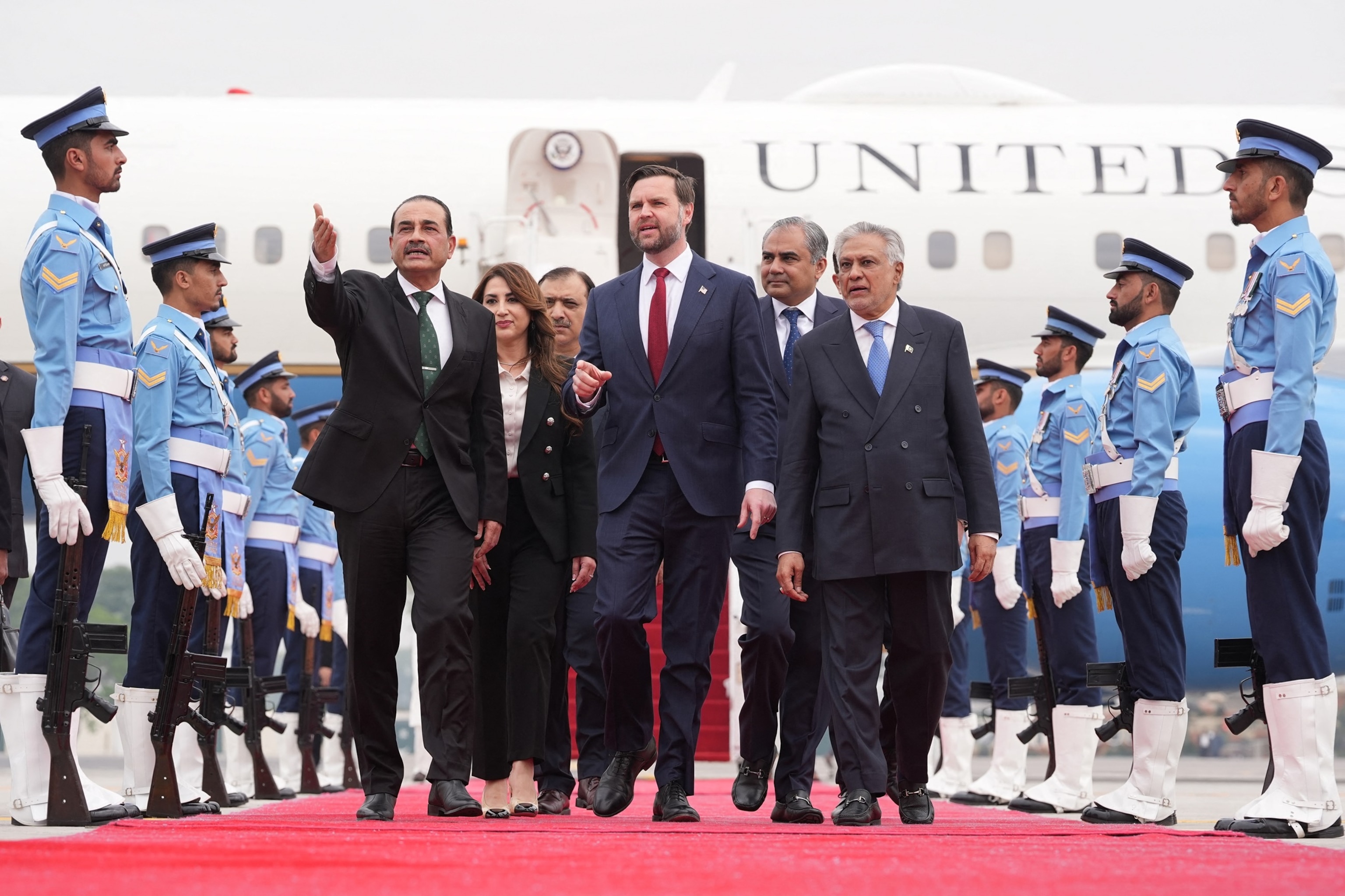PHOTO: Vice President JD Vance walks with Pakistan's Chief of Defense Forces and Chief of Army Staff Field Marshall Asim Munir sfter arriving for talks with Iranian officials in Islamabad, April 11, 2026.