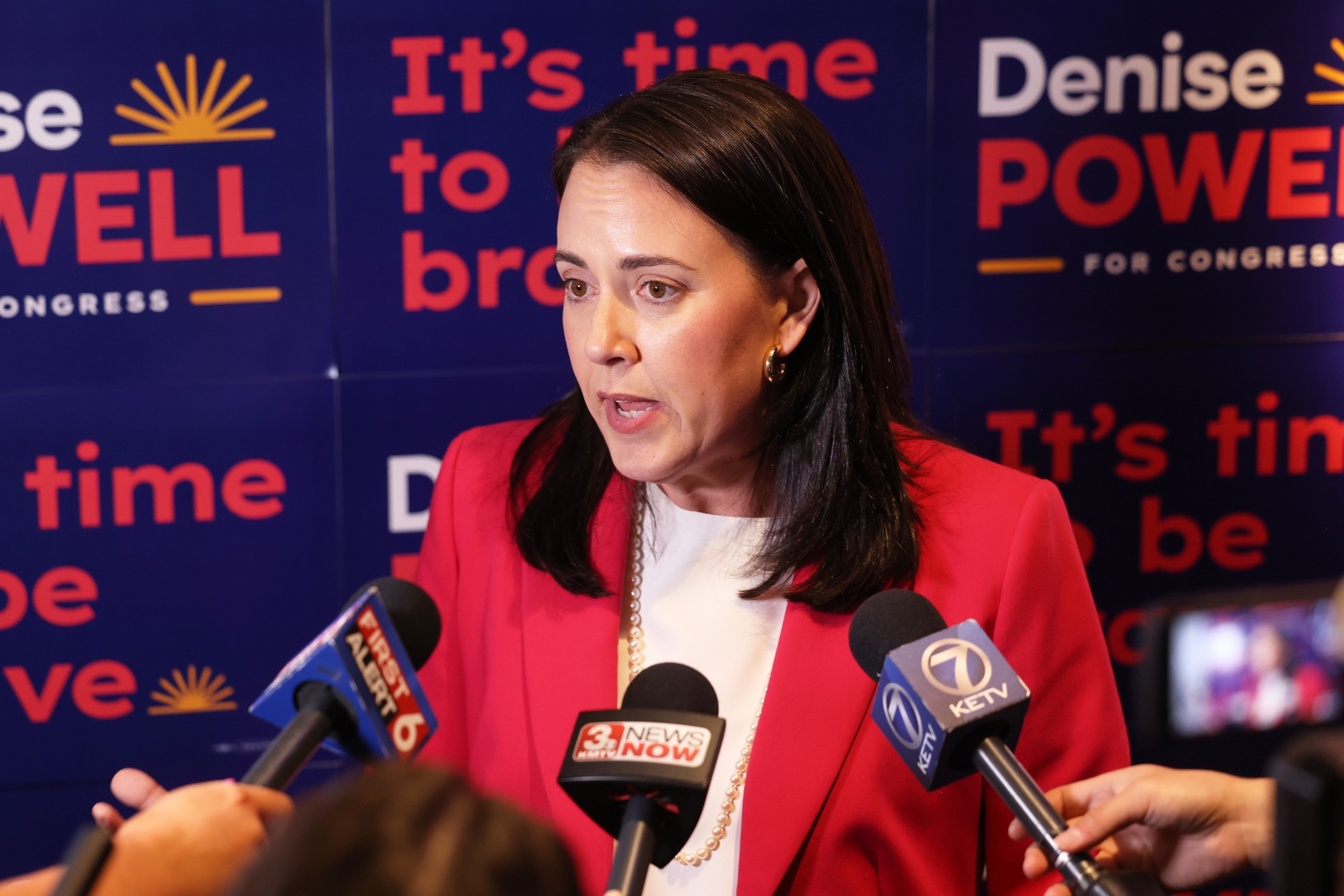 PHOTO: Denise Powell, candidate for the Democratic nomination to the House of Representatives in Nebraska's second district, speaks to media during an election night watch party, on May 12, 2026, in Omaha, Neb.