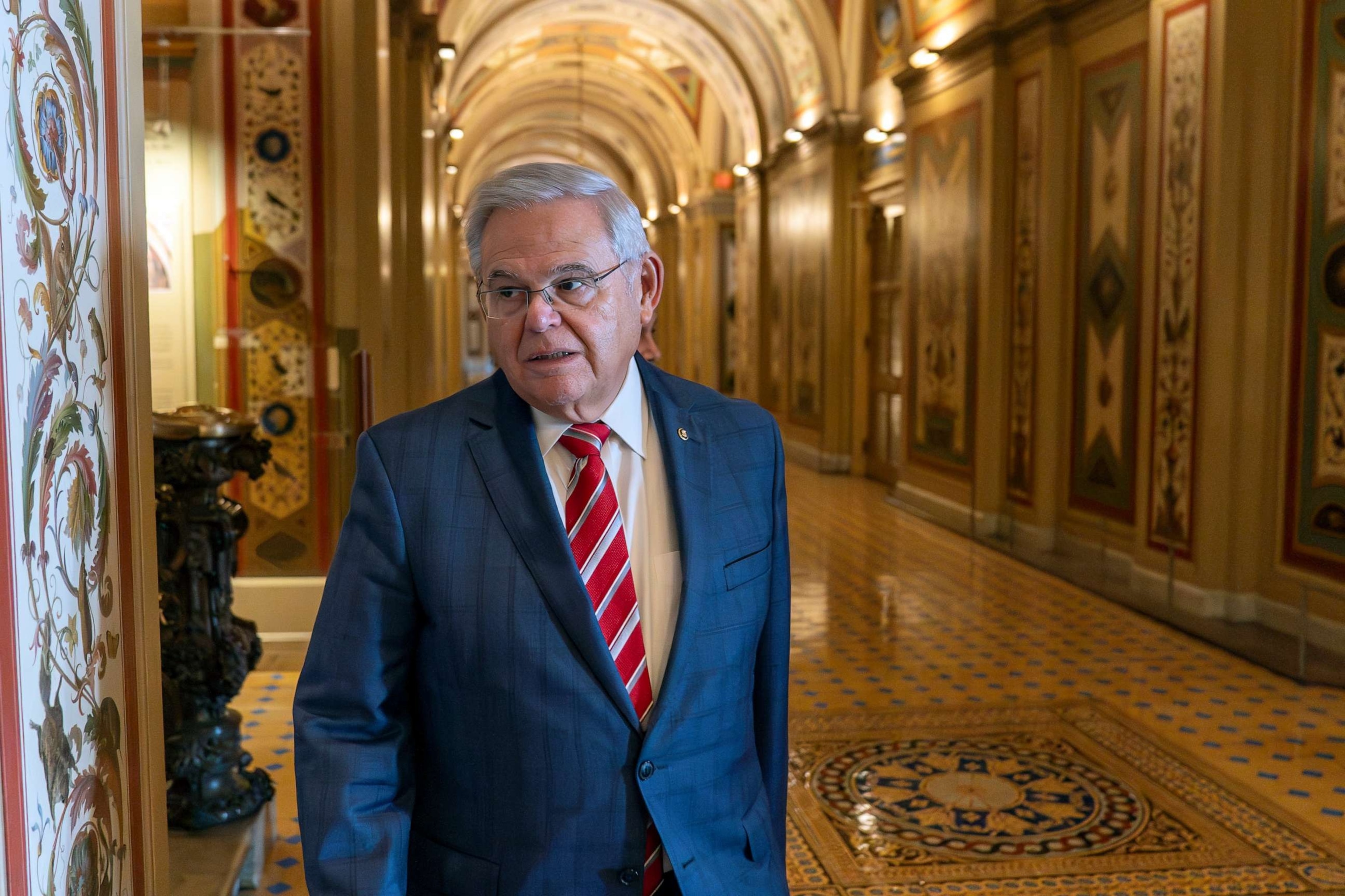 PHOTO: Sen. Bob Menendez departs the Senate floor in the Capitol Sept. 28, 2023, in Washington.