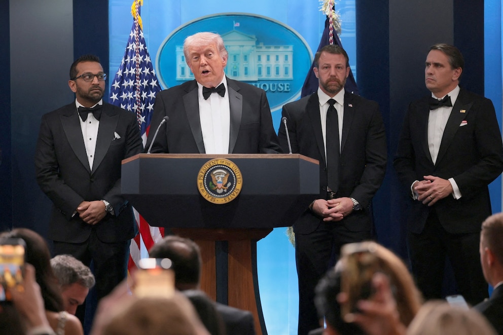 PHOTO: President Donald Trump speaks in the James Brady Press Briefing Room at the White House shortly after a shooting incident at the annual White House Correspondents' Association Dinner in Washington, April 25, 2026.