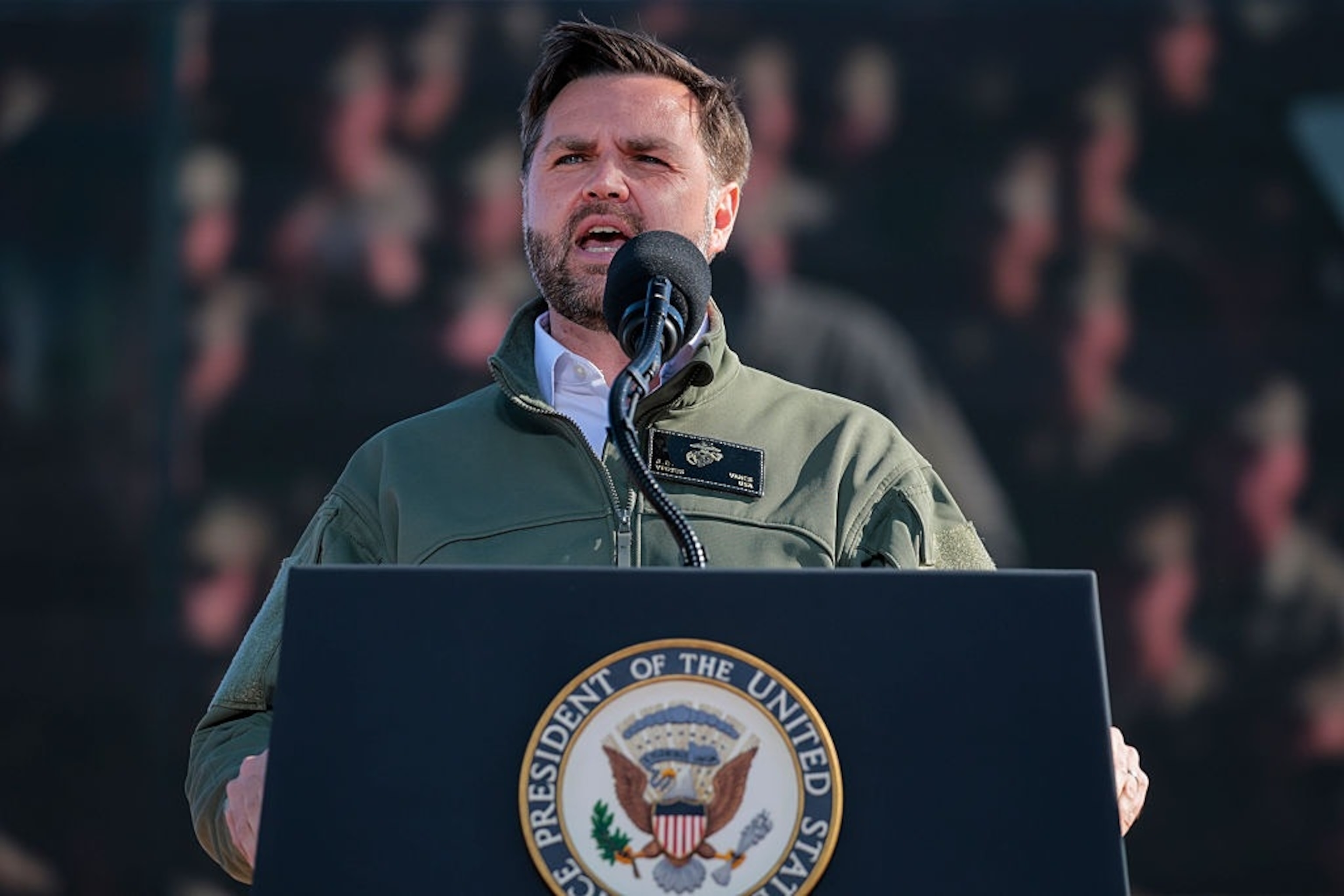 Marine Corps shrapnel hit patrol car on California's I-5 freeway during demonstration: CHP PHOTO: Vice President JD Vance Leads The United States Marine Corps' 250th Celebration