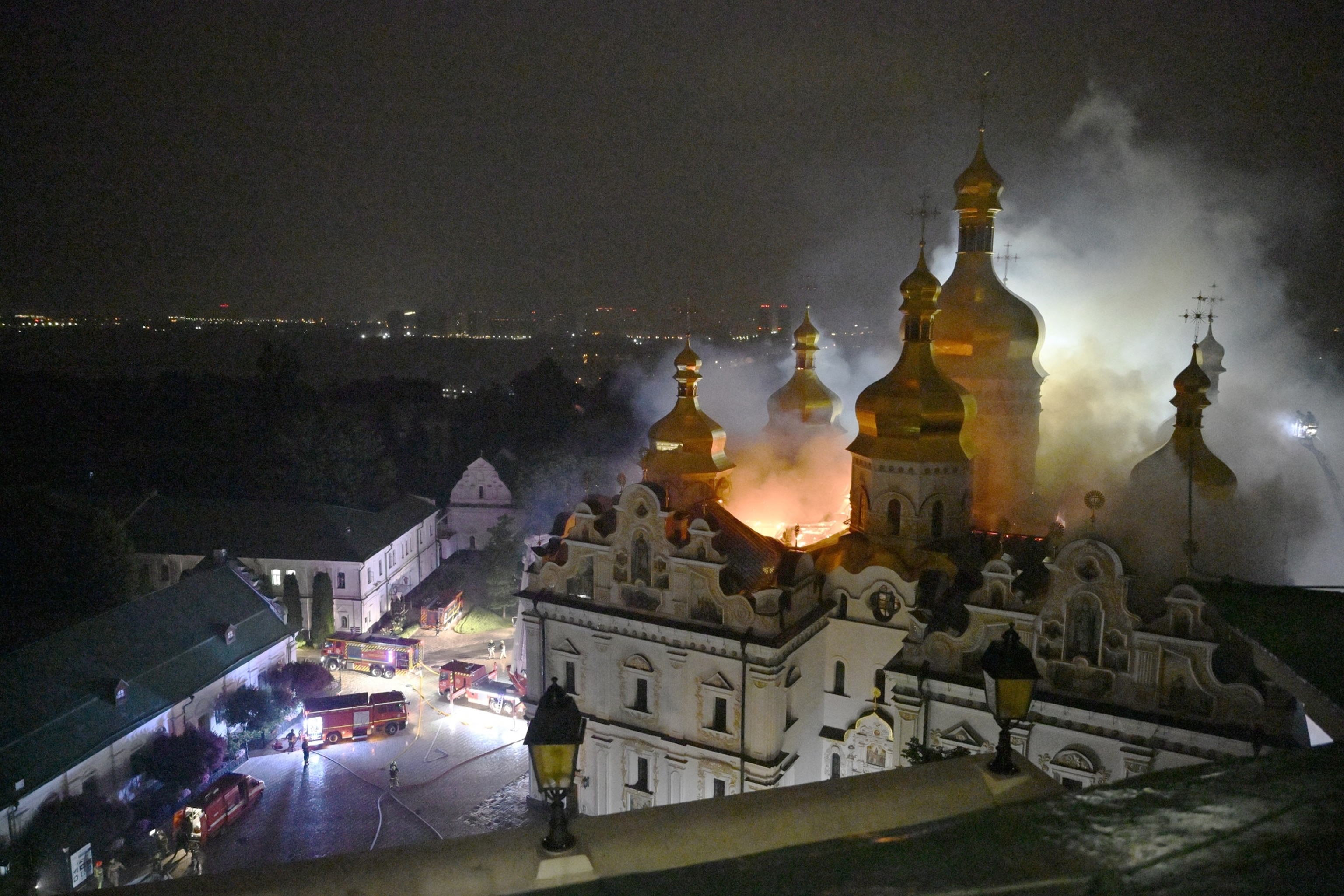 Russia bombards Kyiv with drones and missiles, sets fire to historic cathedral