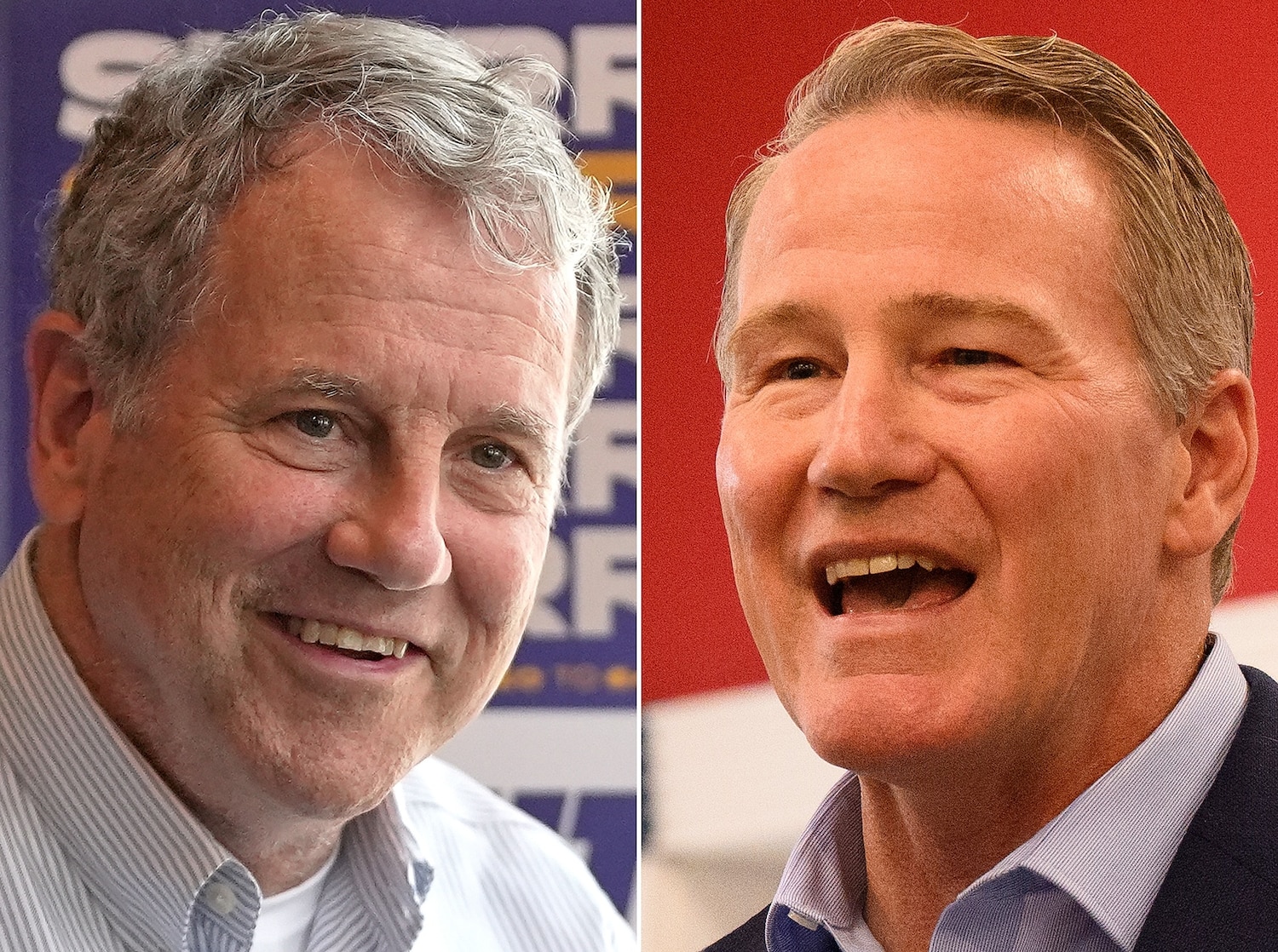 Democratic Ohio Senate candidate Sherrod Brown in Akron, Ohio, Thursday, July 16, 2026 and U.S. Sen. Jon Husted, October 15, 2026 in Boardman, Ohio. AP/Getty Images