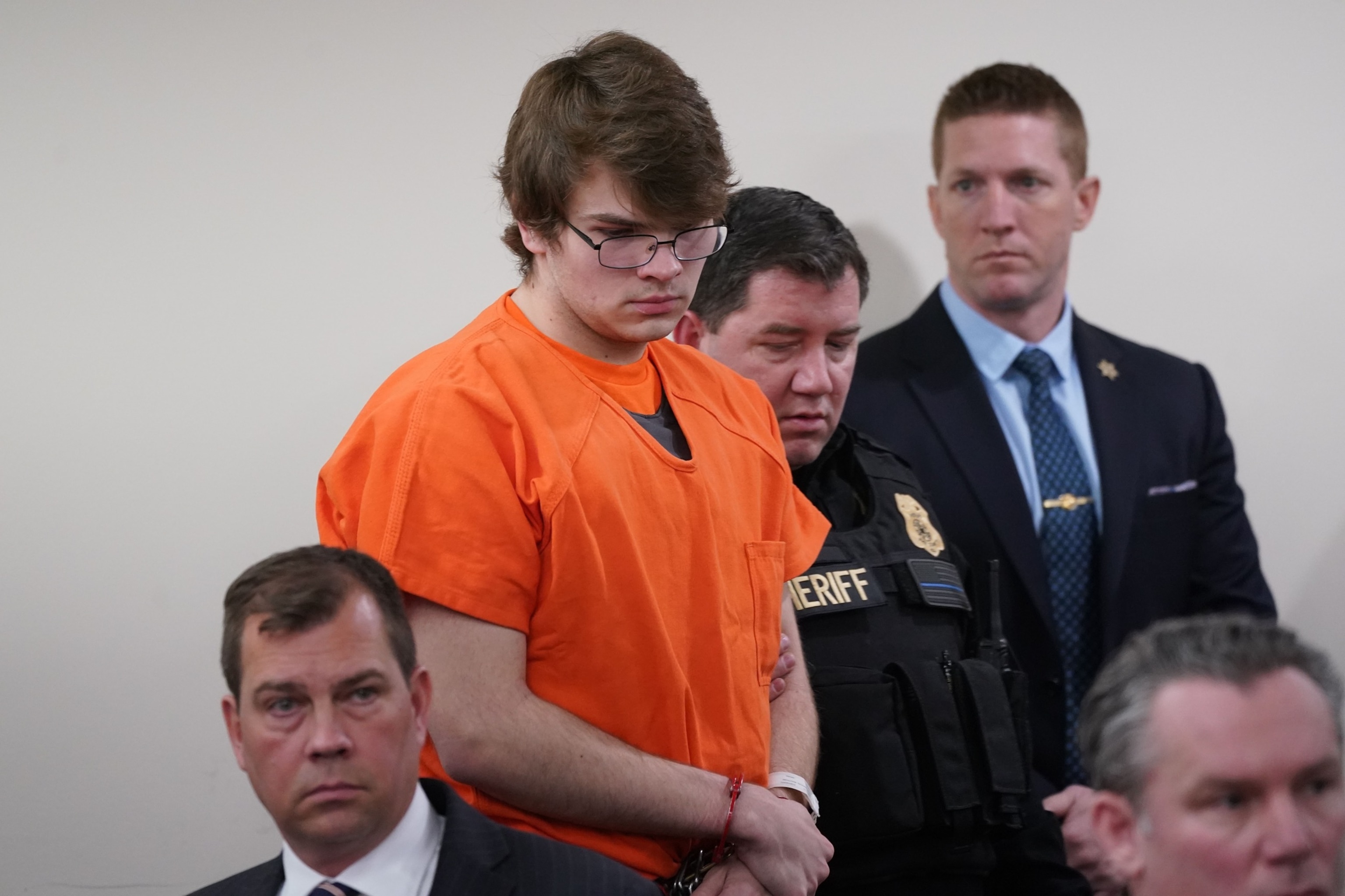 PHOTO: Payton Gendron (C) is escorted back into the courtroom by deputies after a disruption during sentencing in Buffalo, New York, Feb. 15, 2023.