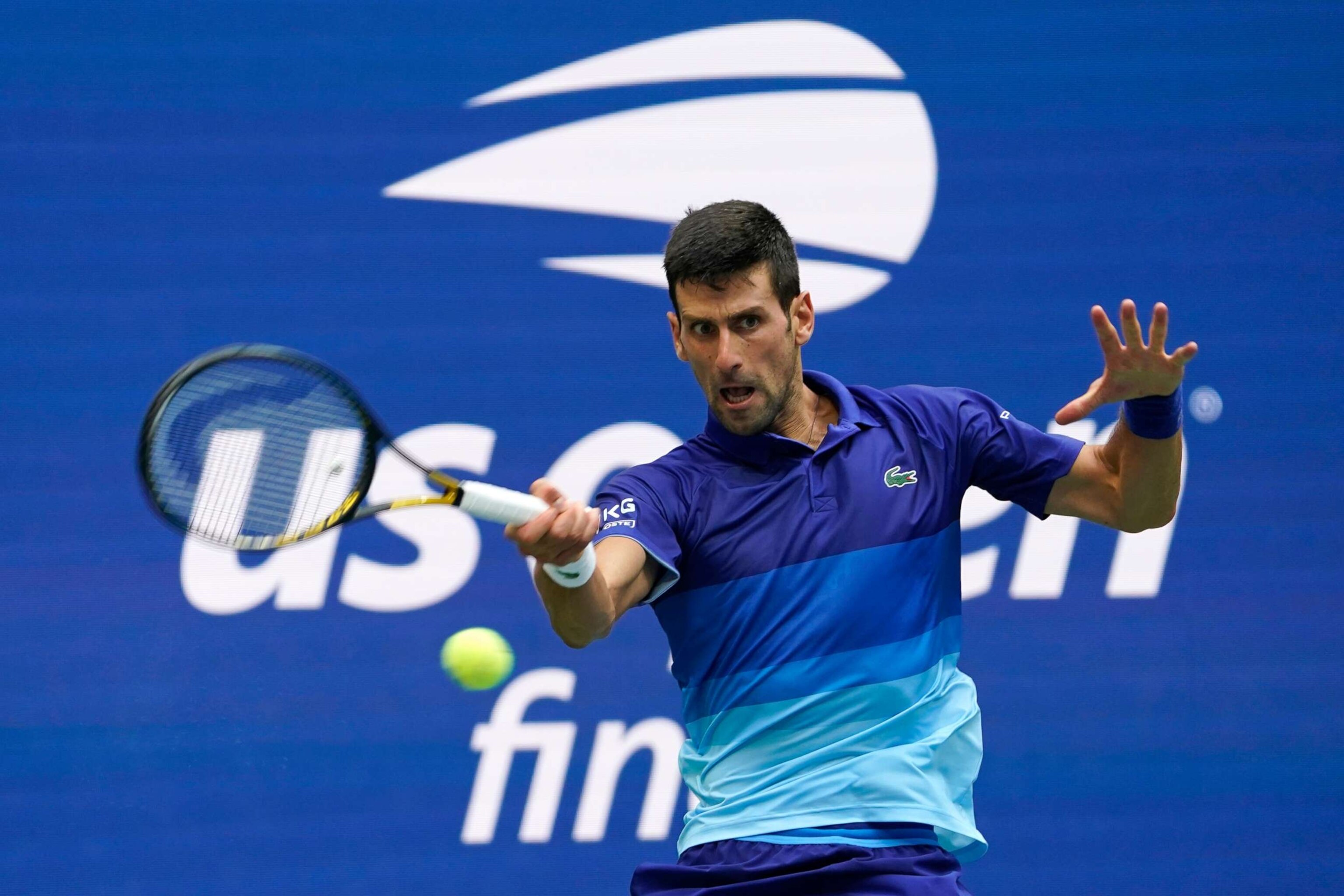 PHOTO: In this Sept. 12, 2021 file photo Novak Djokovic plays during the men's singles final of the Open tennis championships in New York.