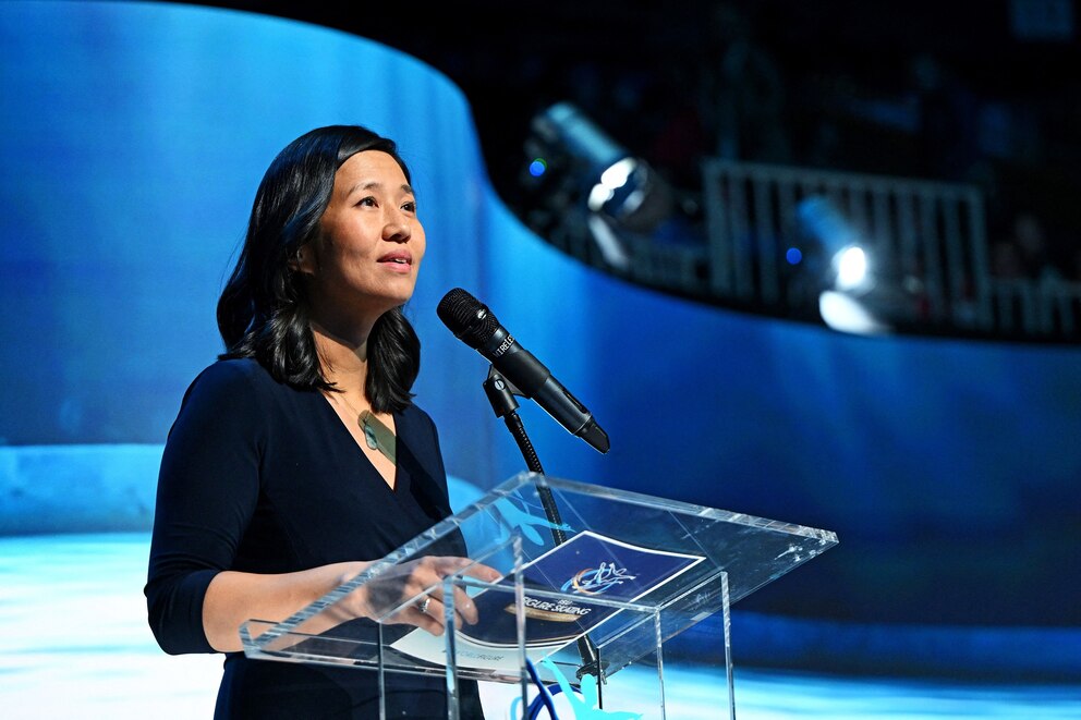 PHOTO: Boston Mayor, Michelle Wu speaks during A Tribute & Remembrance during the ISU World Figure Skating Championships at TD Garden, in Boston, on March 26, 2025.