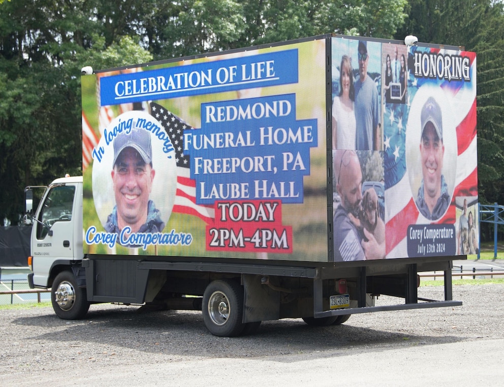 PHOTO: In this July 18, 2024, file photo, a truck is decorated to mourn former fire chief Corey Comperatore, who was shot and killed during the assassination attempt of former U.S. President Donald Trump at a campaign rally five days earlier.