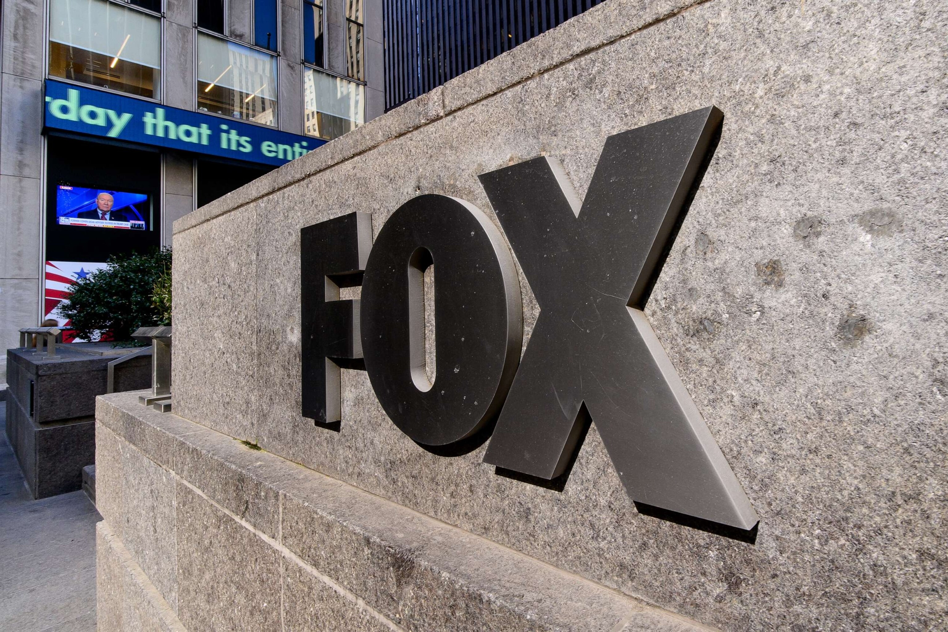 PHOTO: A view of the Fox logo outside the News Corp Building on 5th Ave., March 21, 2023, in New York.