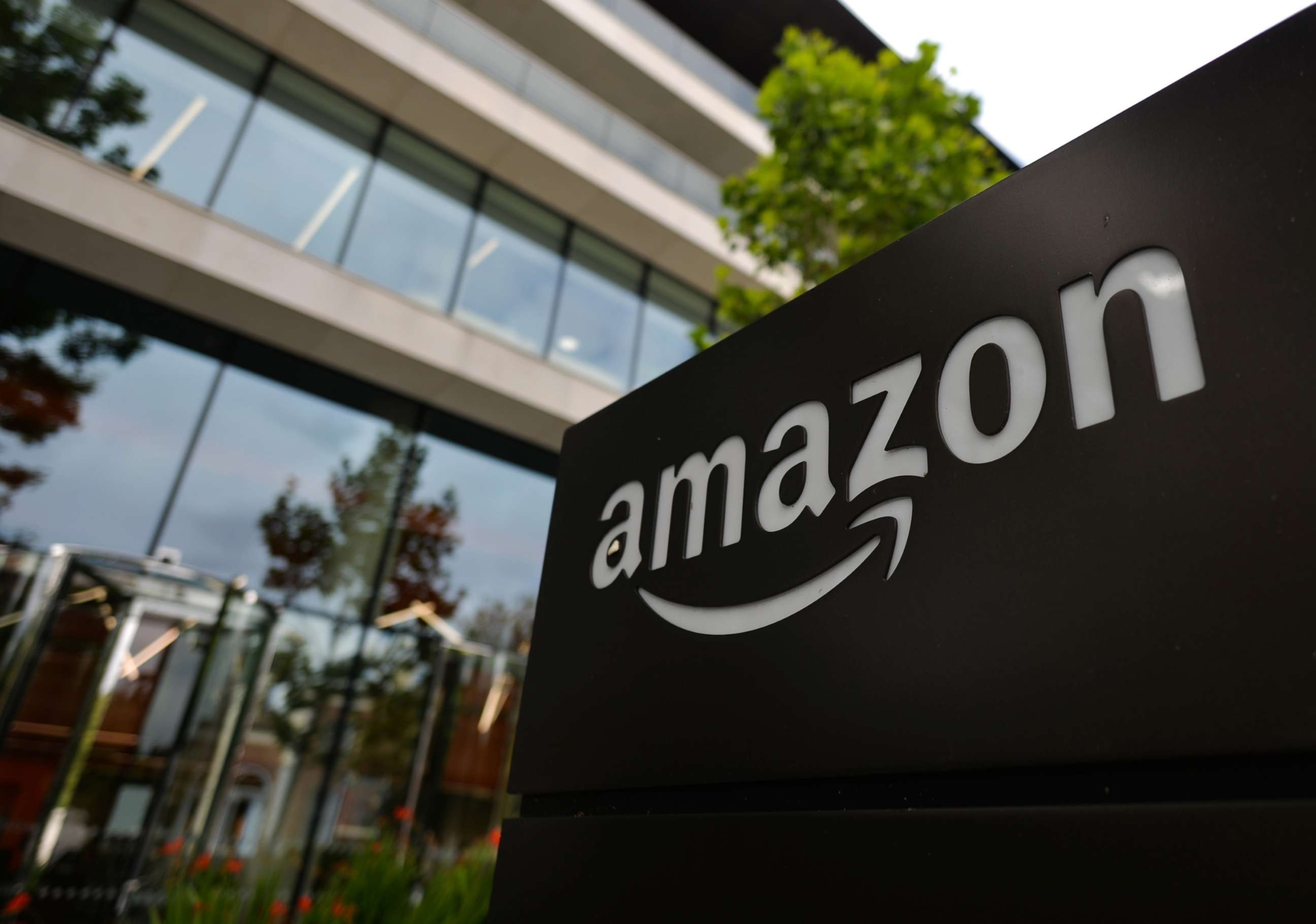 PHOTO: Amazon logo seen at the entrance to Amazon's Shannon Building in Dublin.