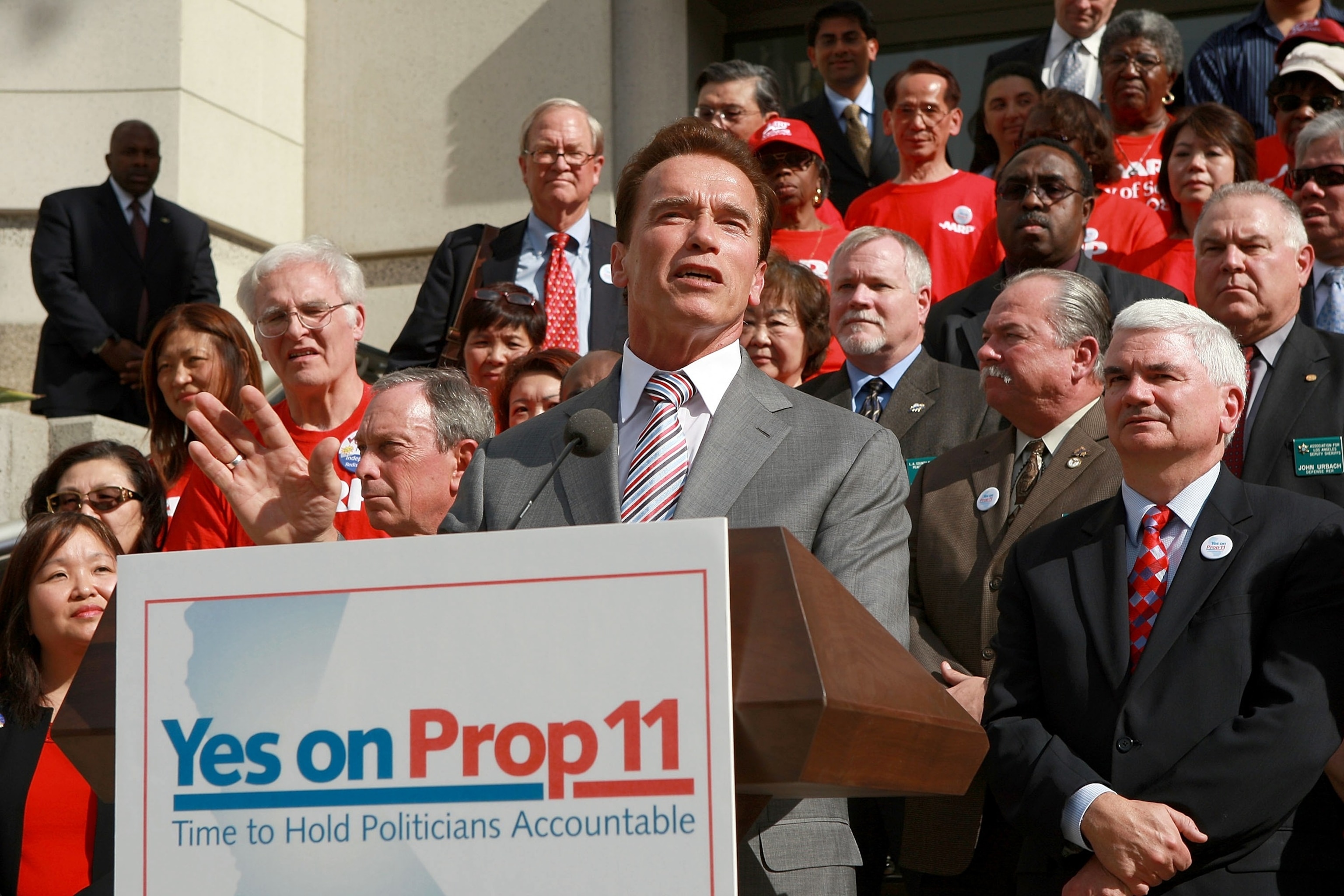 PHOTO: In this Oct. 15, 2008, file photo, California Gov. Arnold Schwarzenegger addresses a Yes on Proposition 11 press conference in front of the Los Angeles Area Chamber of Commerce in Los Angeles.