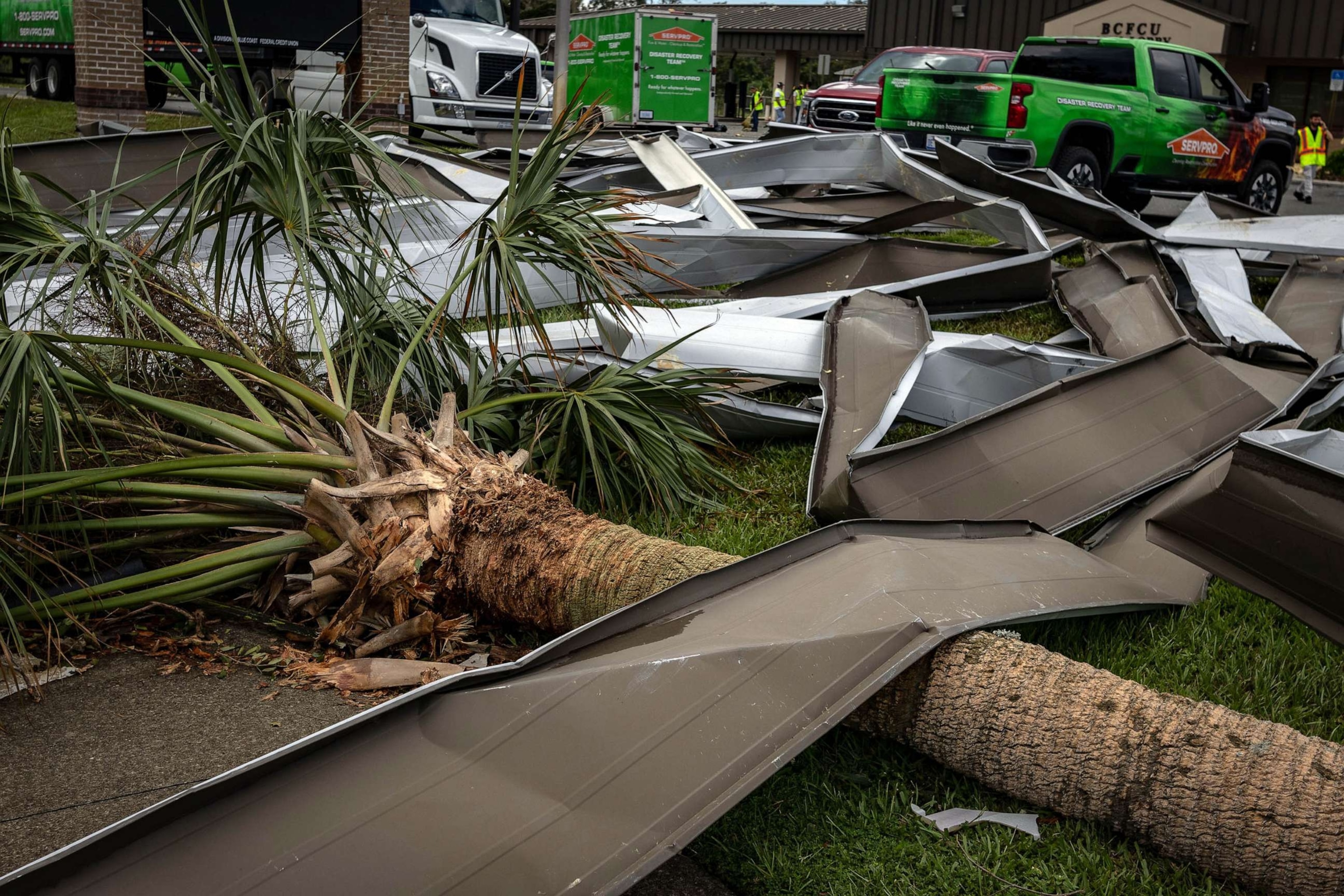 PHOTO: FILE - Roofing material covers a fallen palm tree after Hurricane Idalia in Perry, Fla., Aug. 31, 2023.